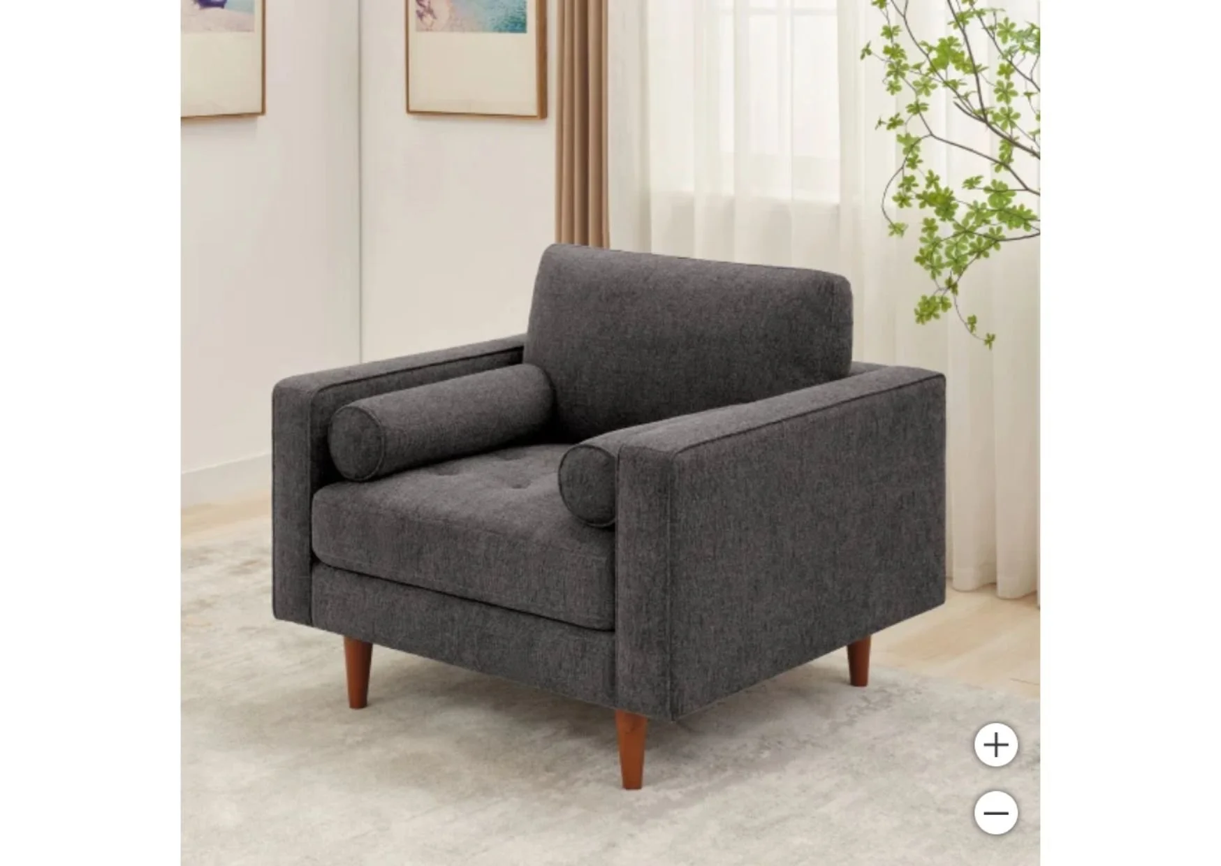 Dark Grey Fabric Accent Chair with Bolster Side Pillows