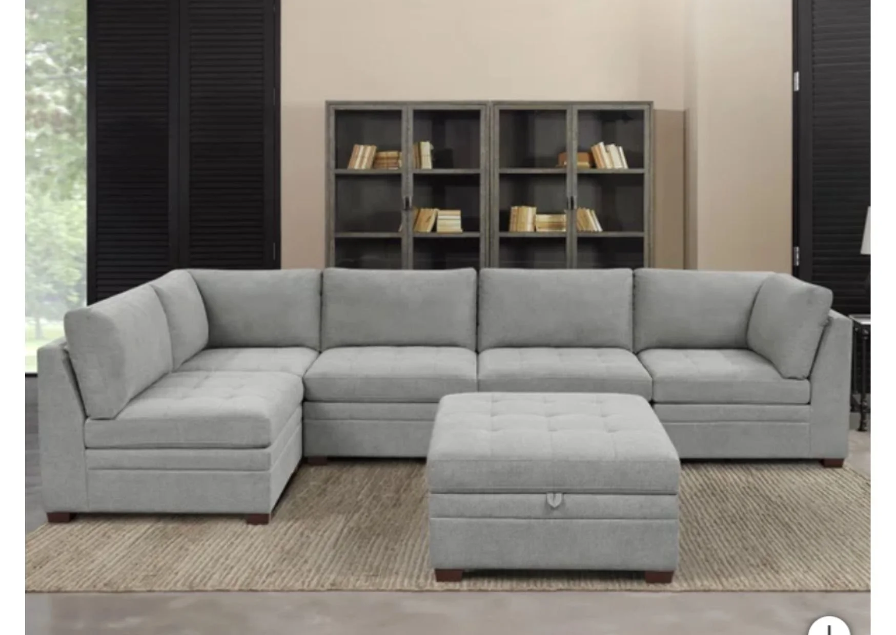 6-Piece Light Grey Chenille Fabric Sectional with Tufted Seat Cushions and Storage Ottoman