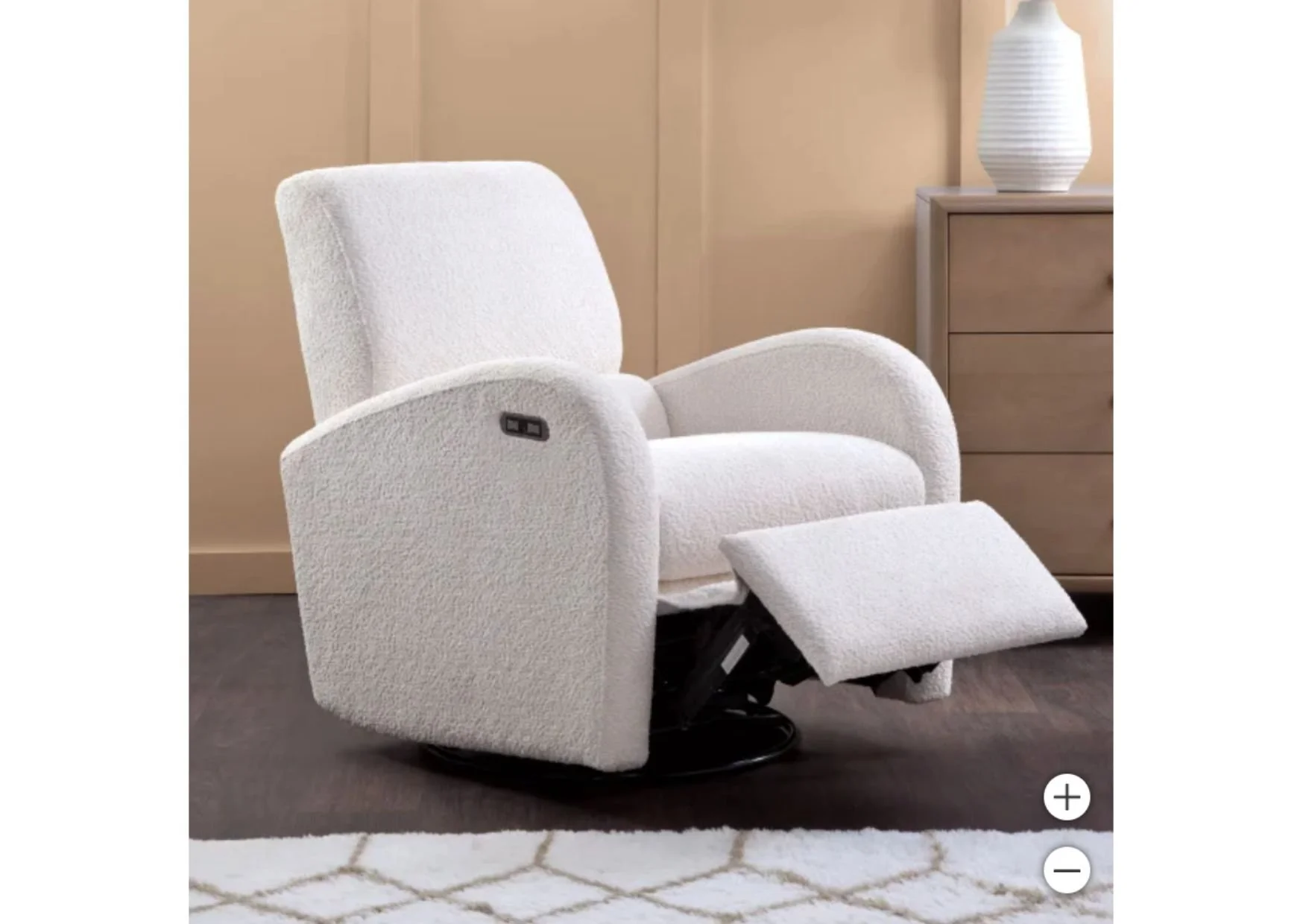 White Bouclé Fabric Swivel Glider Power Recliner