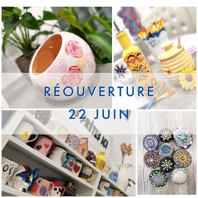 R&eacute;ouverture pr&eacute;vue pour le 22 juin,nous serons aussi ouverts le 20 et 21 juin de 12h &agrave; 17h pour la r&eacute;cup&eacute;ration des c&eacute;ramiques. Nous avons tr&egrave;s h&acirc;te de vous revoir!
Our re-opening will be in the 