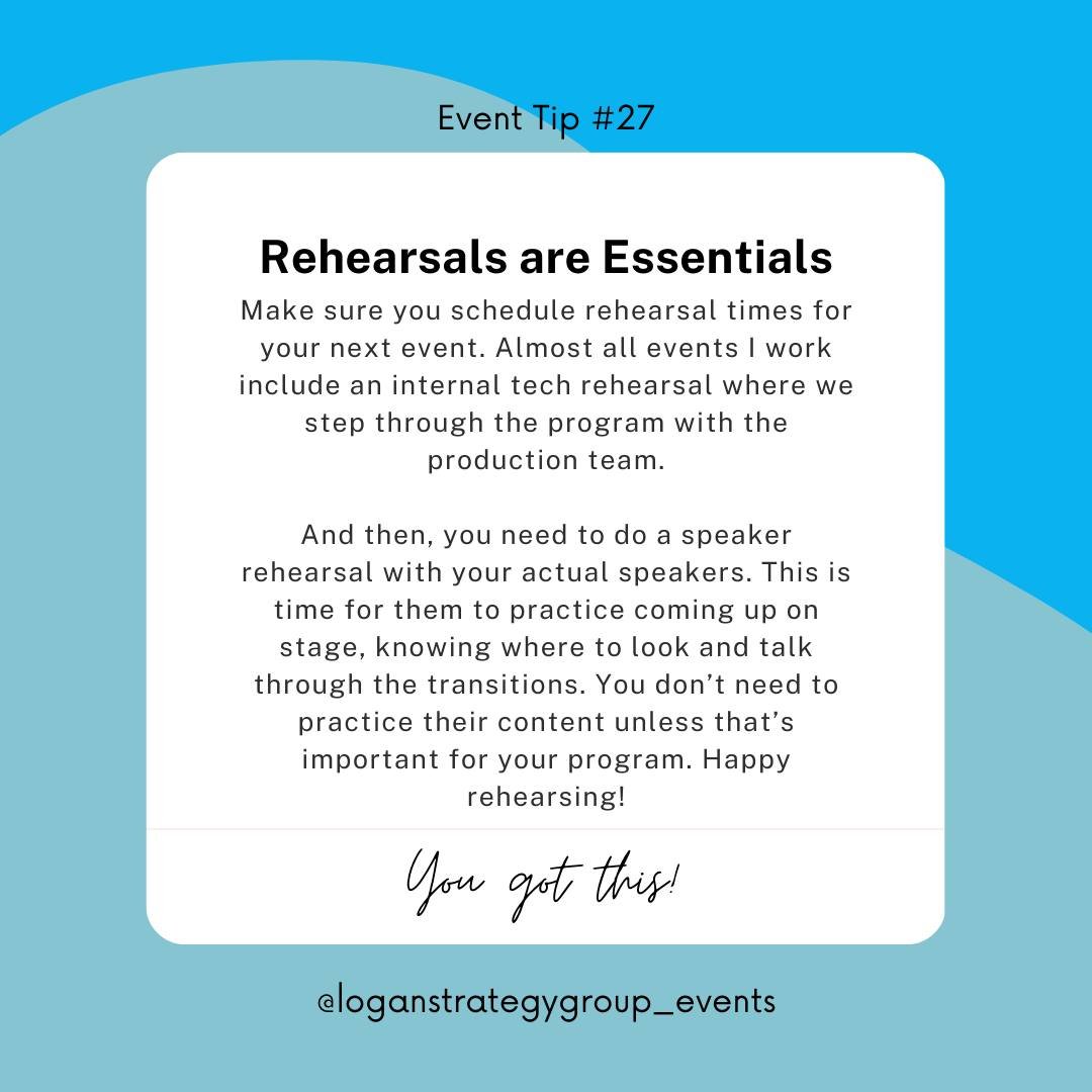#EventTip Tuesday - Rehearsals are essential! 

No matter the type of event you're hosting or planning, if you have any stage/program element, you need to schedule rehearsal time.

You can have two types of rehearsals: technical and content. The tech