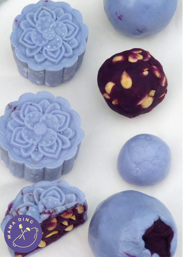Blue Pea Flower Snowskin Mooncakes with Purple Sweet Potato Filling