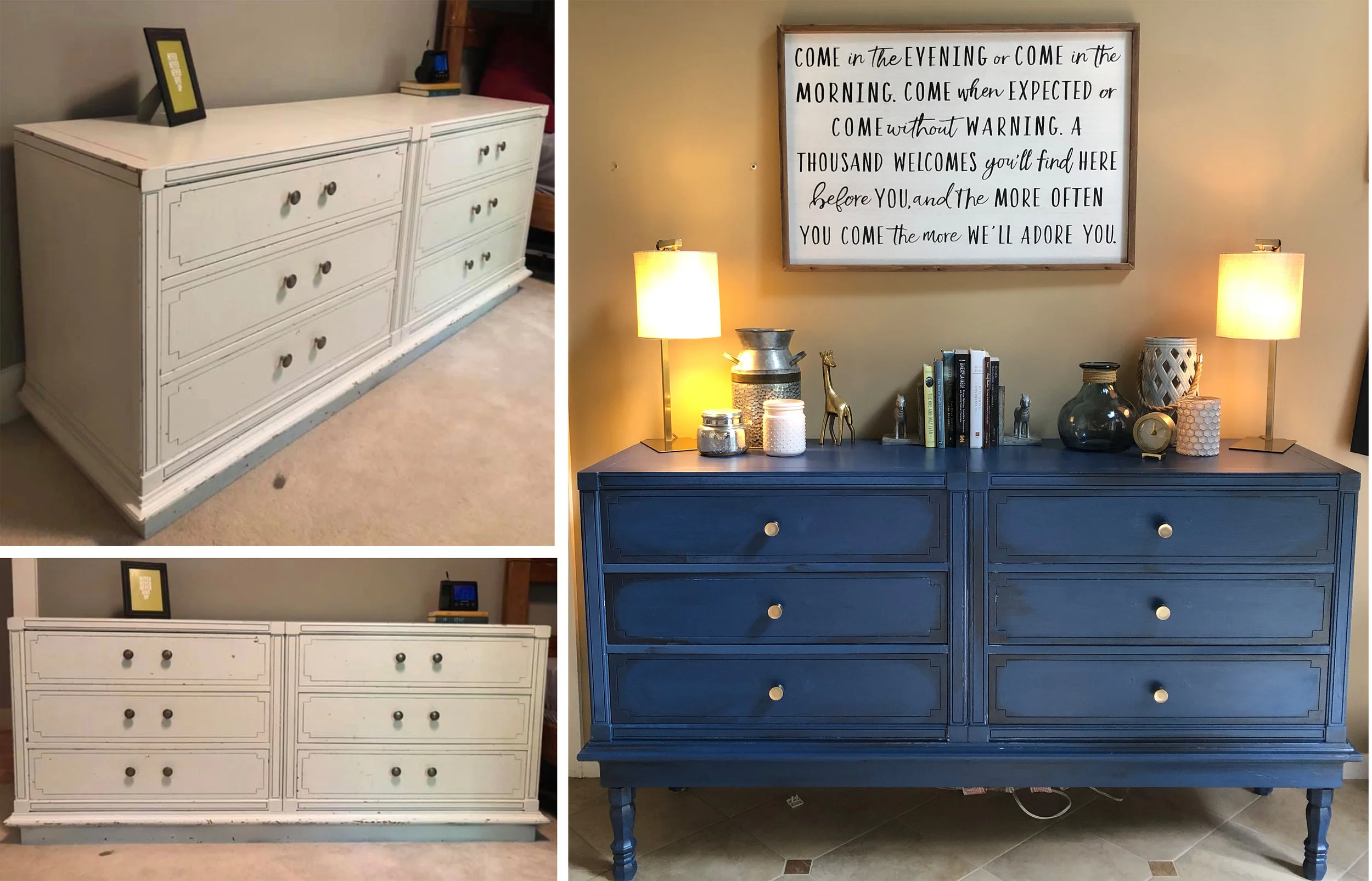 I’m OBSESSED with this. I found this dresser on Marketplace… I gave her some legs (whoop whoop) and a new coat of paint… a little distressing and I smile bigger walking into our foyer, now. <3
