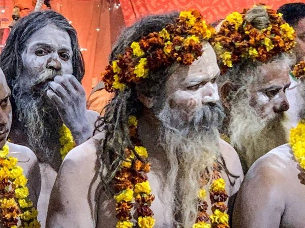 Sadhus marching towards the Sanga for the Royal Bath, Kumbh Mela, Prayagraj, India