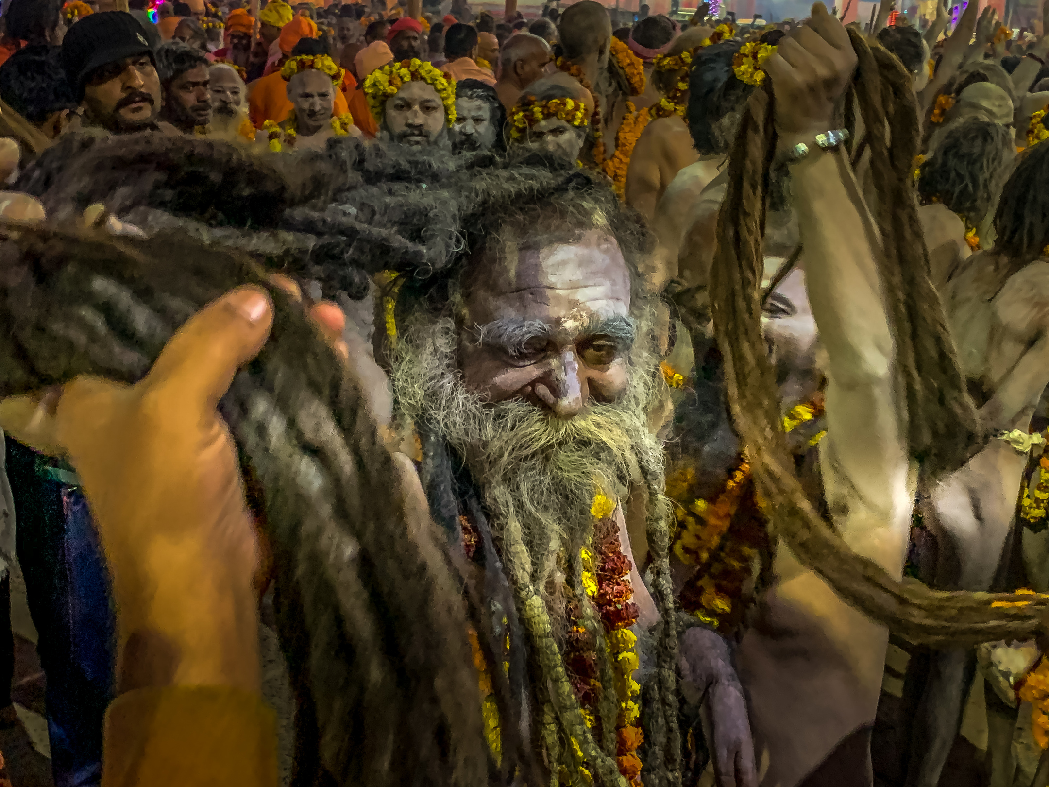 Sadhus marching towards the Sanga for the Royal Bath, Kumbh Mela, Prayagraj, India