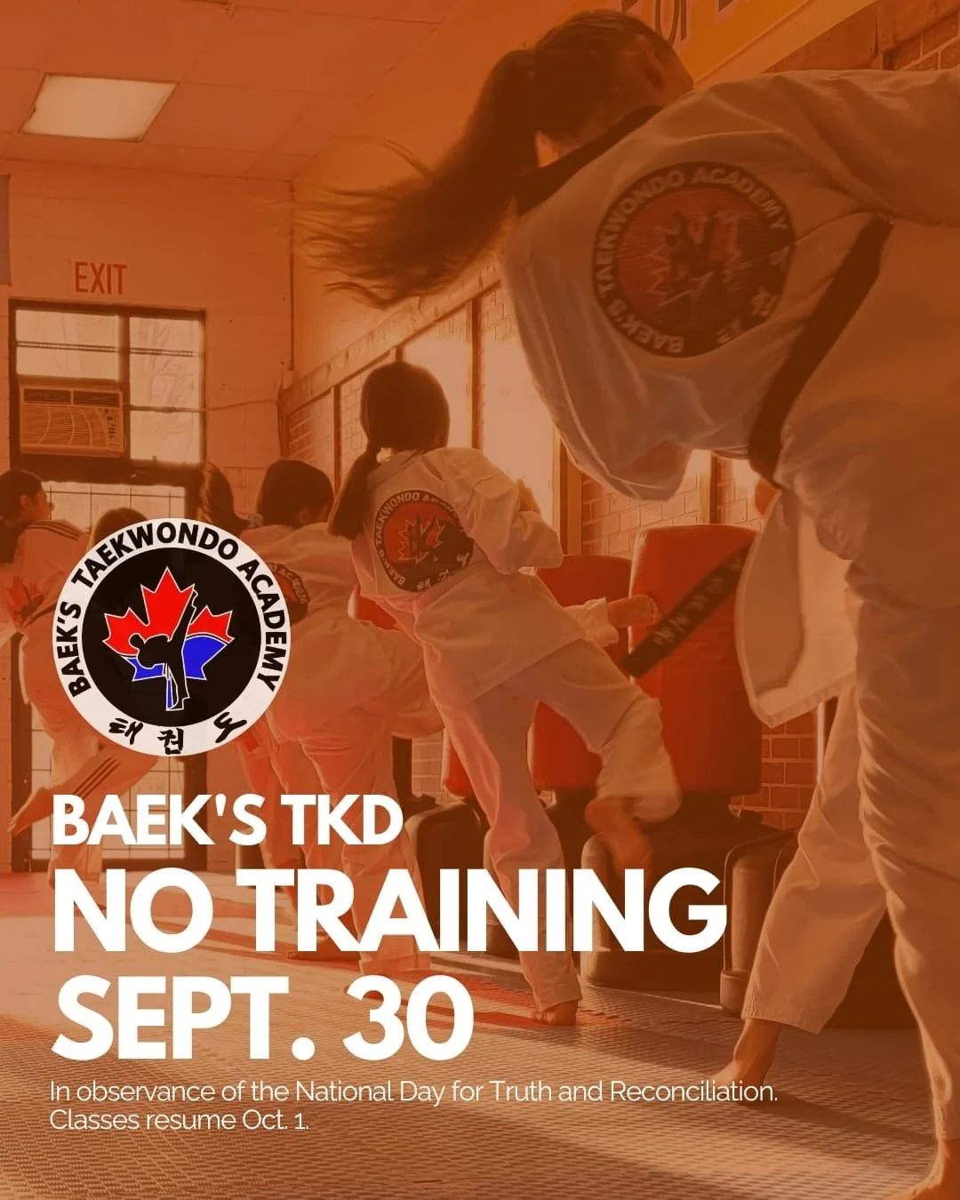 📢 No Classes Tuesday 📢

Just a reminder that Baek&rsquo;s Taekwondo will be closed Tuesday, Oct 1st for Truth and Reconciliation Day. 🧡

Classes are back on Wednesday as usual!