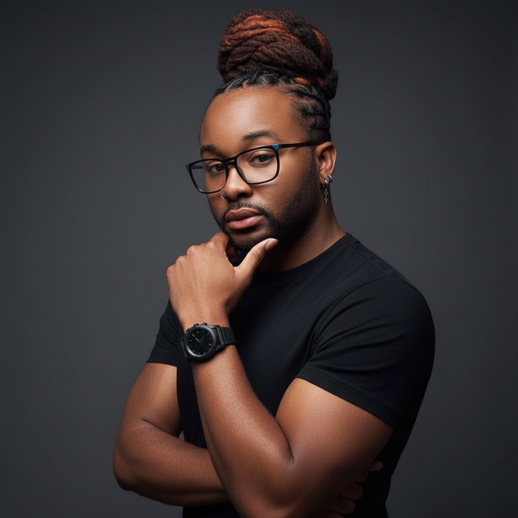 A portrait of a Benjamin Griffin III with glasses, wearing a black T-shirt and a wristwatch, posing with his hand on his chin against a dark background.