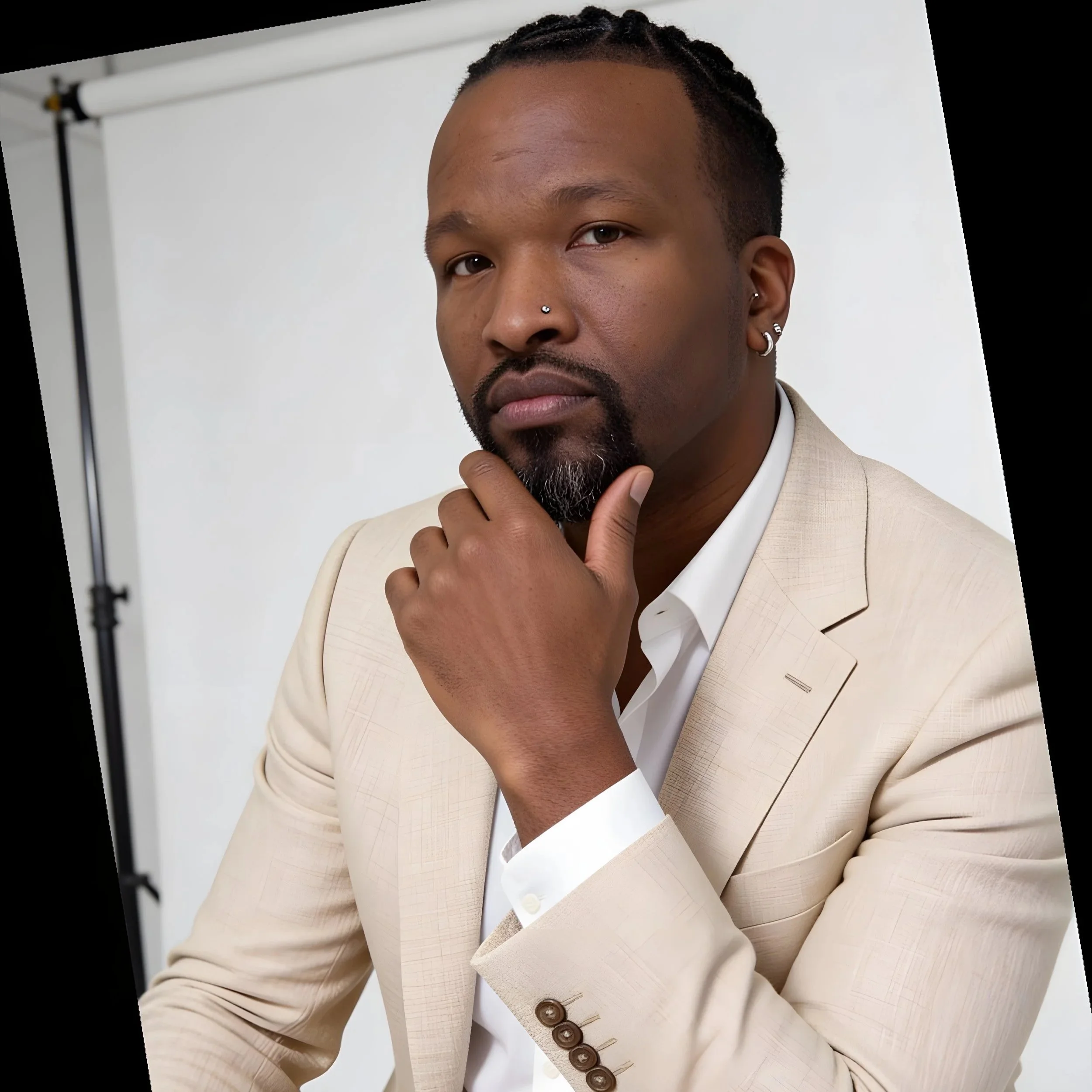 A photo of David Maurice Griffin posing in front of a white backdrop. He is wearing a cream-colored blazer over a white shirt, with multiple earrings and a nose piercing. He rests his chin on his hand, looking thoughtful.