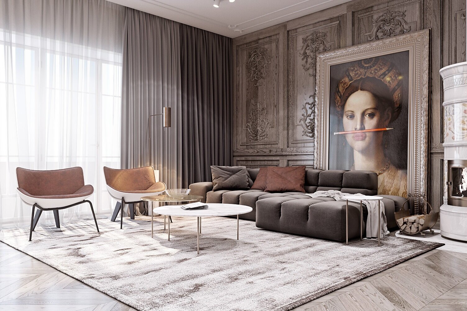 Salvage the intricate moulding and add quirky artwork.