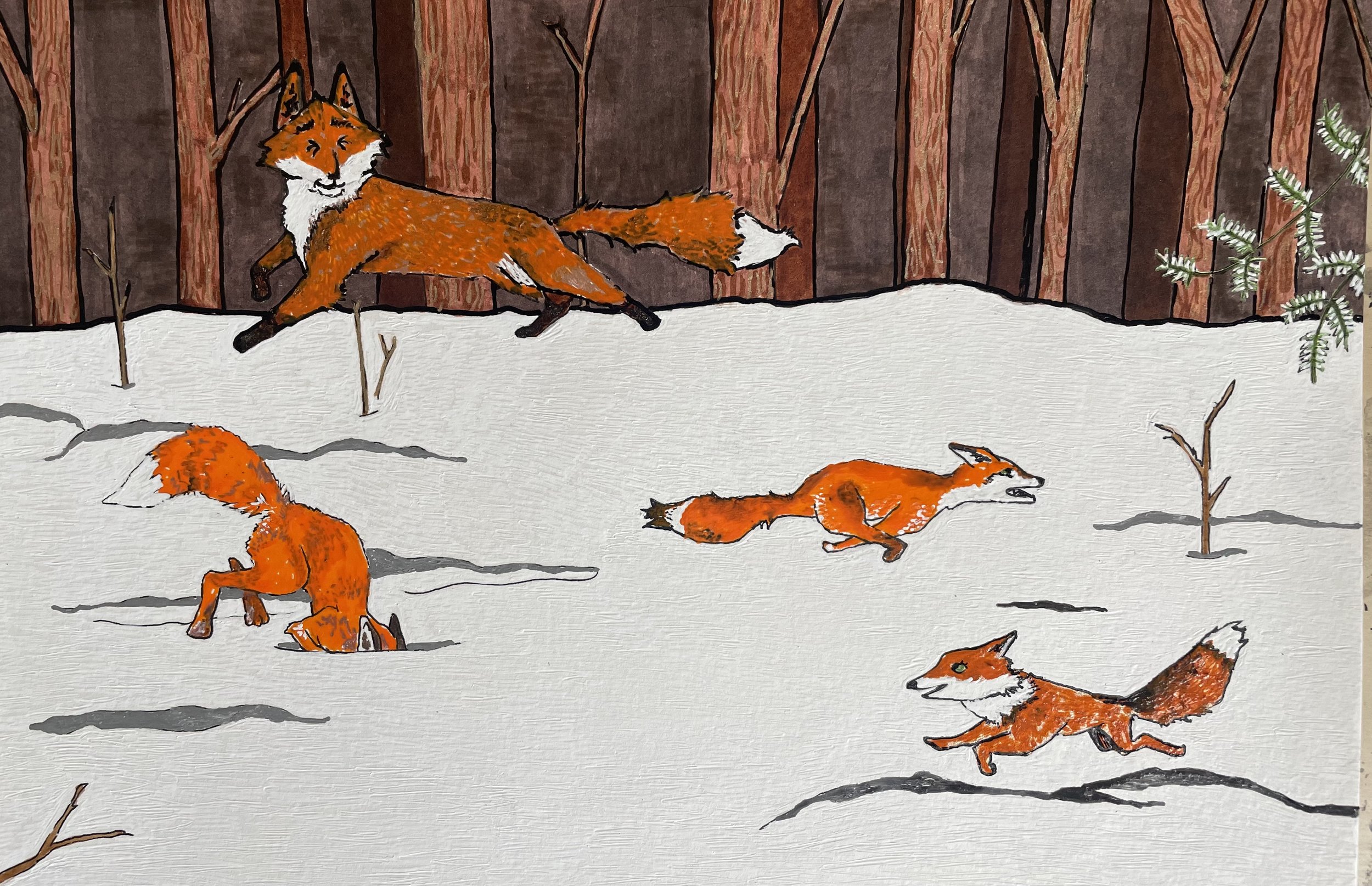 Foxes Run (pen, ink, and marker, 2025)