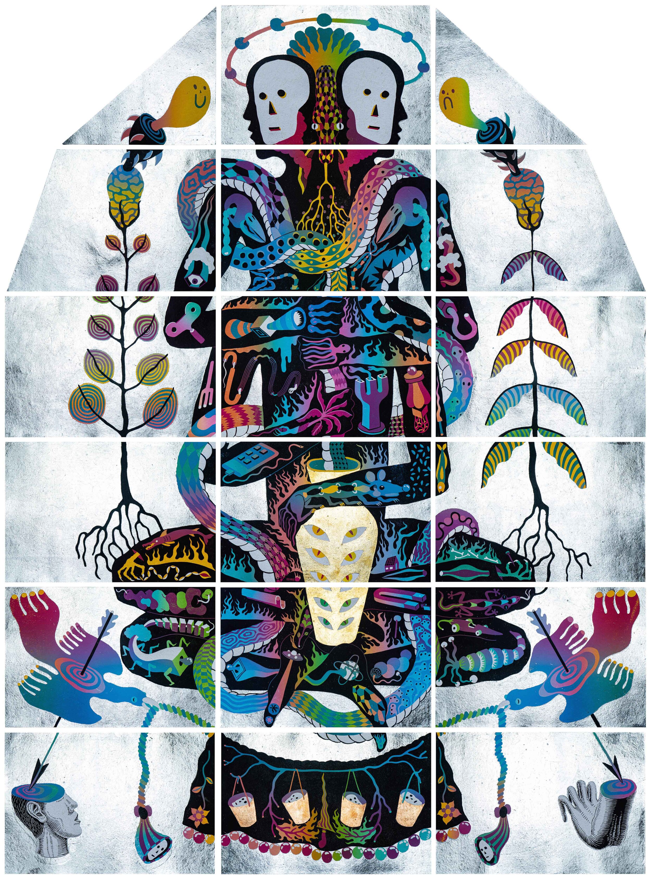 Agung Prabowo Human supremacy 2020 linocut reduction print with silver, gold, and copper leaf on handmade recycled paper, edition 1/3, 157 x 125.5 cm