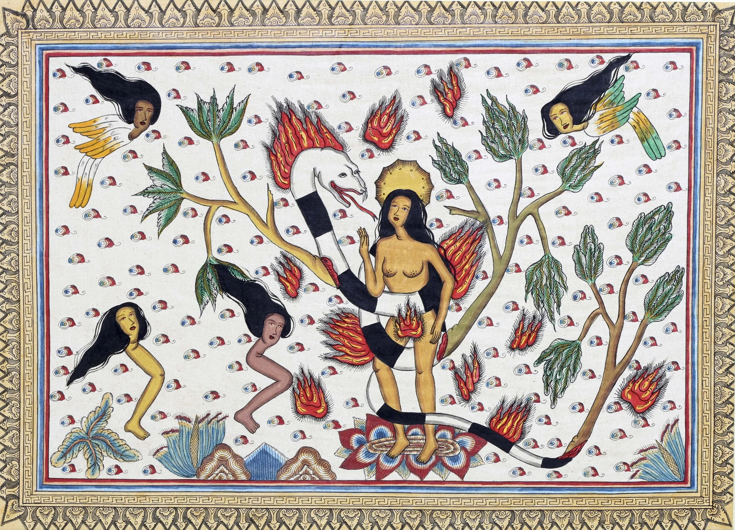 Citra Sasmita The passenger of land and sea 2020 acrylic and ink on kamasan canvas. 50 x 70 cm