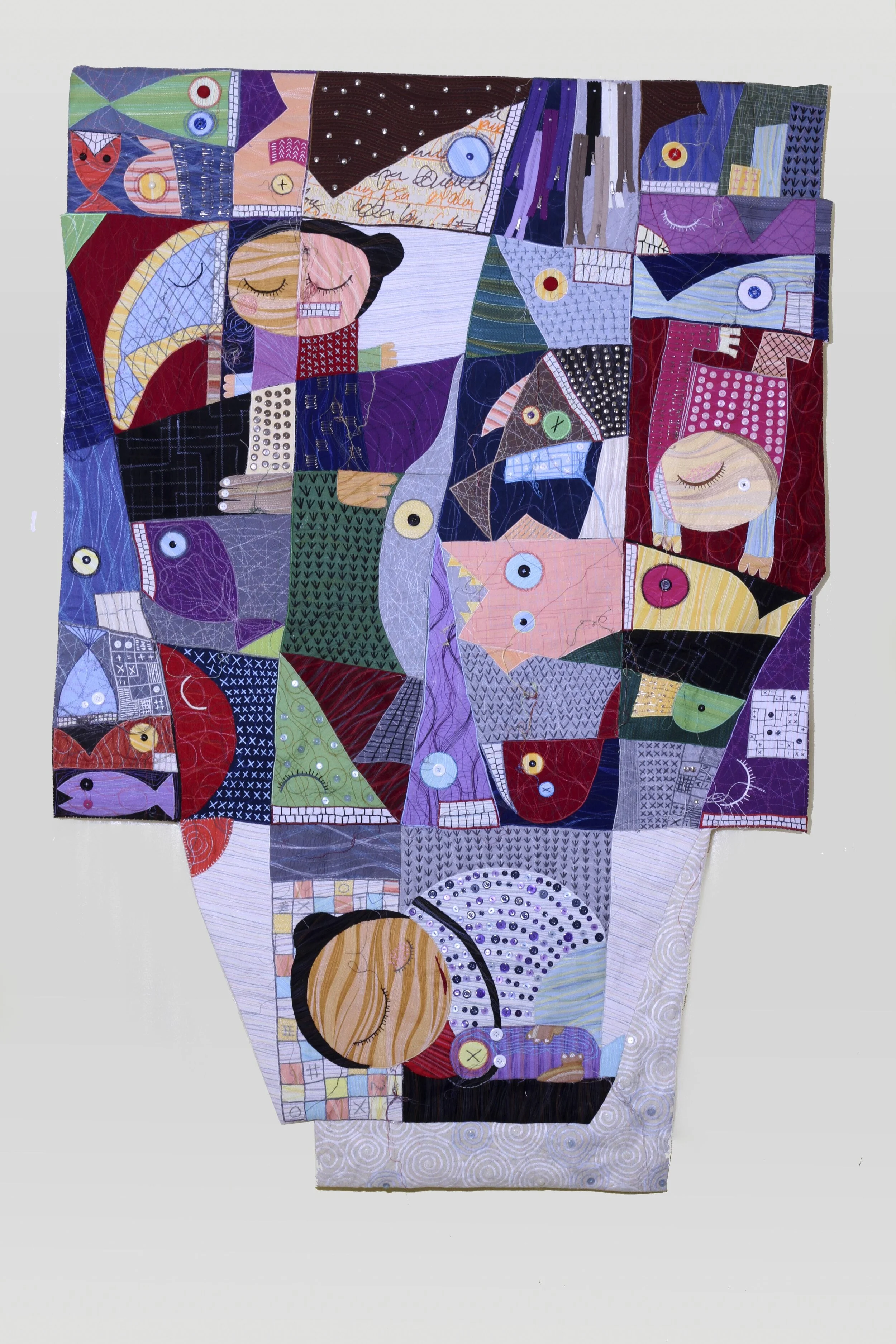Maria Indriasari Mimpi dapat ikan/ Dreamed of receiving a Fish 2020 canvas, patchwork, buttons, thread, safety pins, zippers, wood, 180 x 120 cm (irregular)