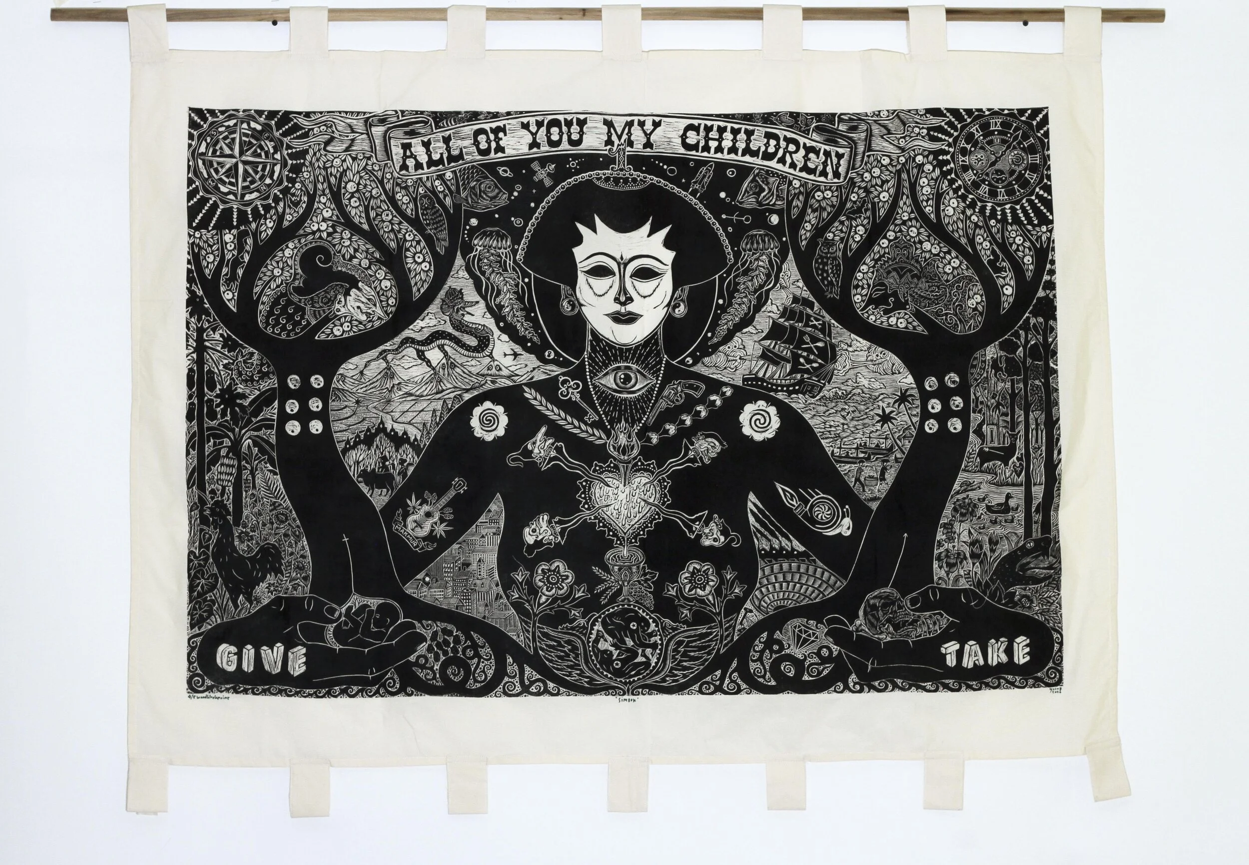 Simbok 2020 woodblock on grey cotton, 4/6, 81 x 122 cm (+ 8 cm cloth border)