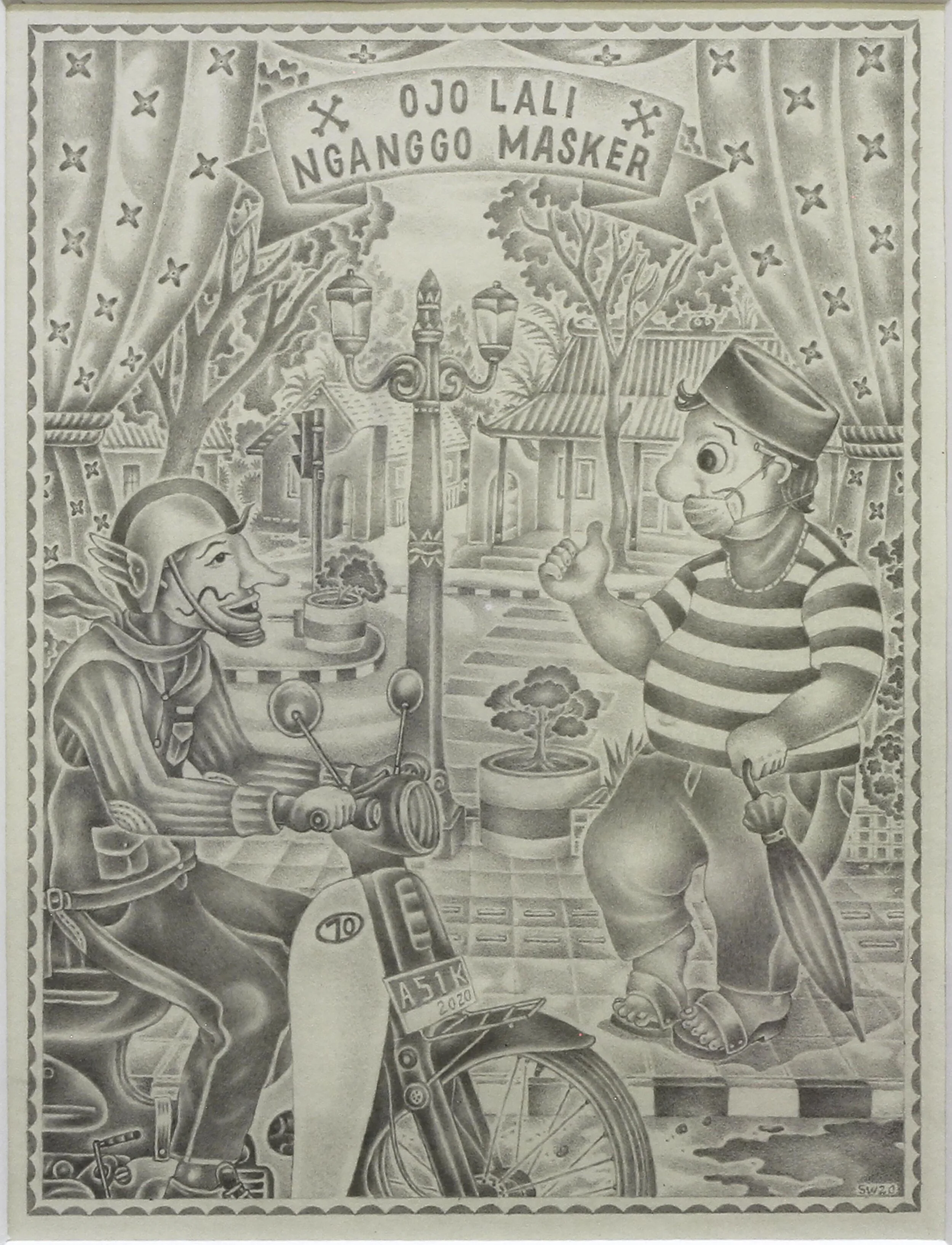 Surya Wirawan (Yoyok) Ojo Lali Nganggo Masker (Don’t forget to use mask) 2020 pencil on paper. 21 x 15 cm
