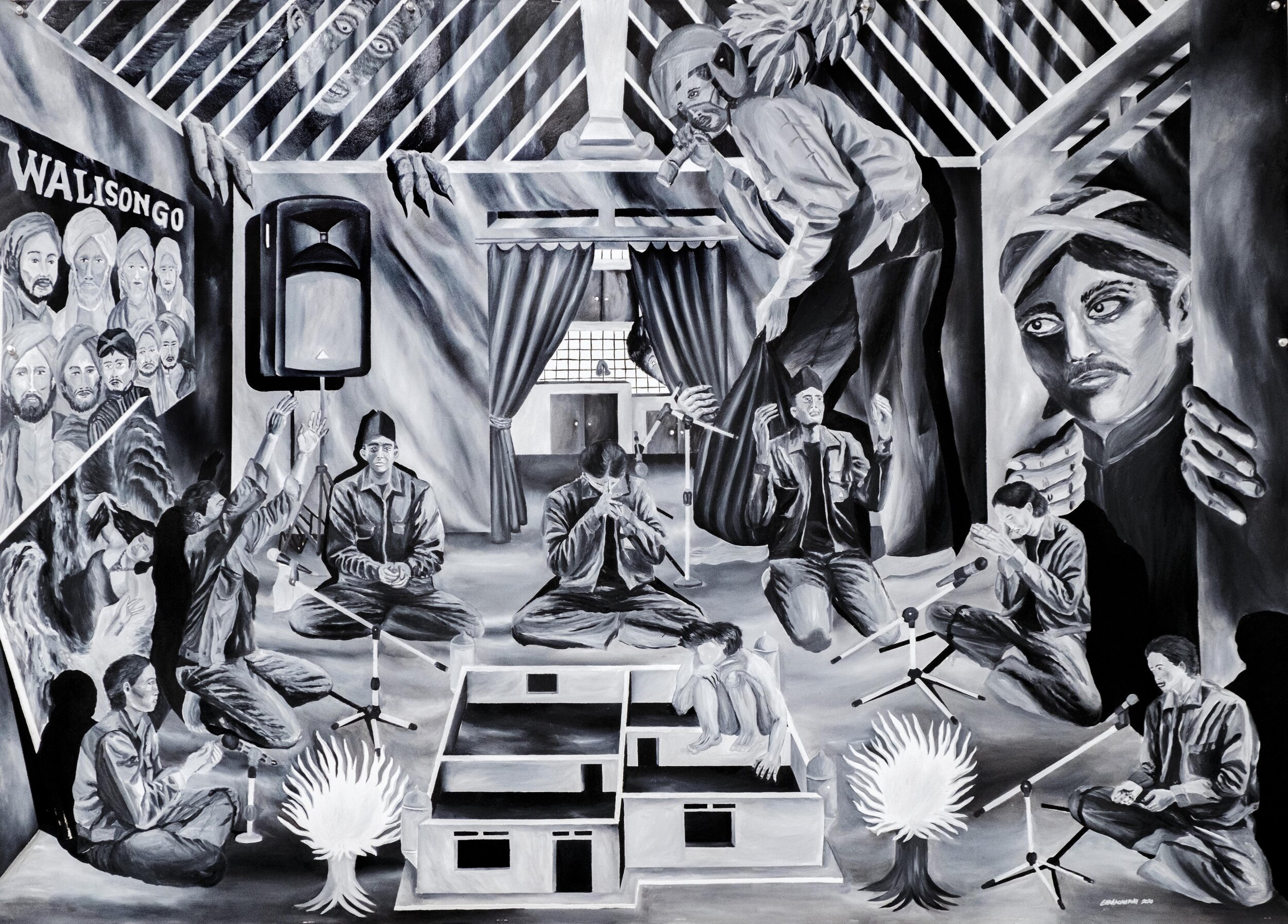 Enka Komariah Kidung rumekso ing wengi (Permohonan tengah malam) 2020 oil on paper, 105 x 152 cm