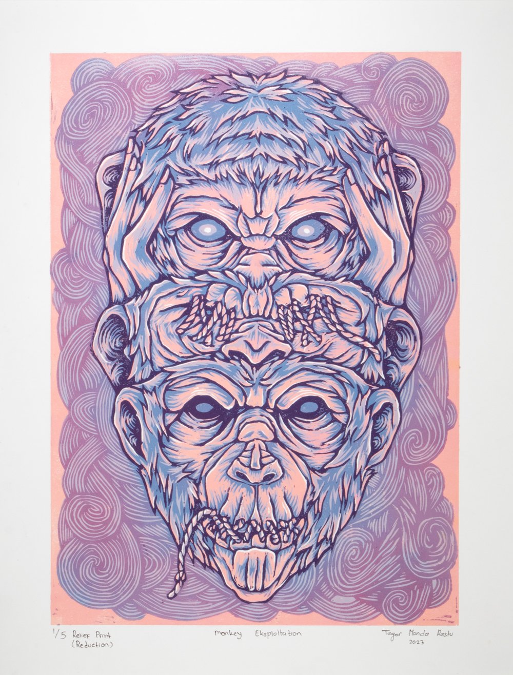  Tegar Nandarestu,  Monkey Eksploitation  2023, reduction linocut, 50 x 38 cm 