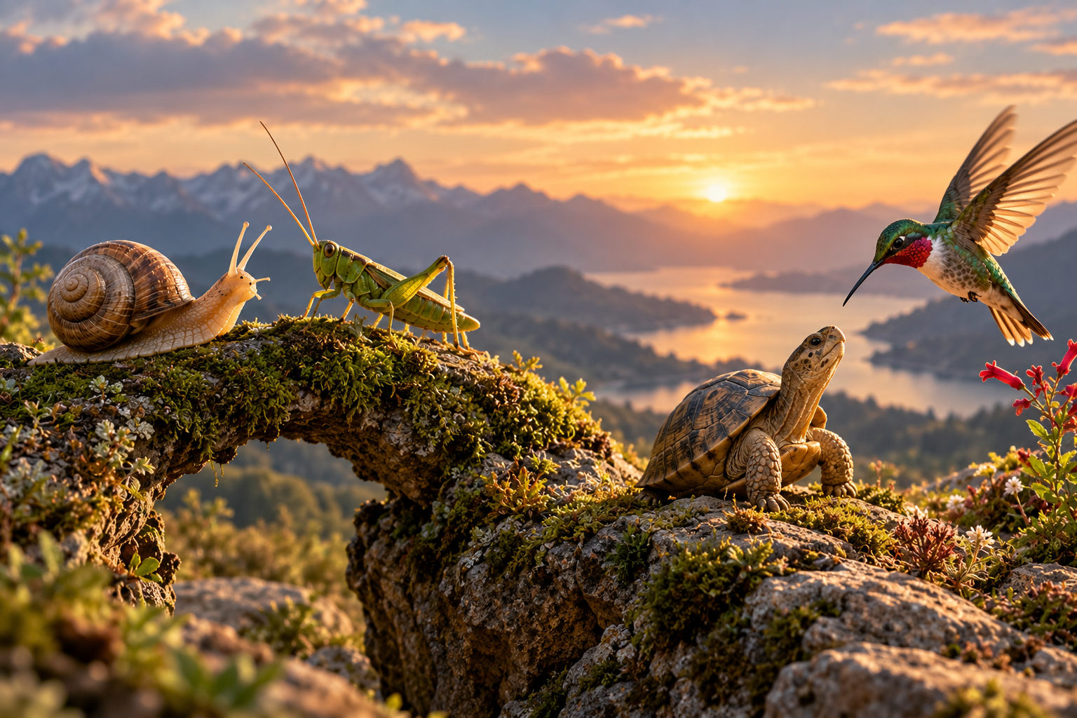 Foto de saltamontes  y caracol, tortuga y colibrí.png