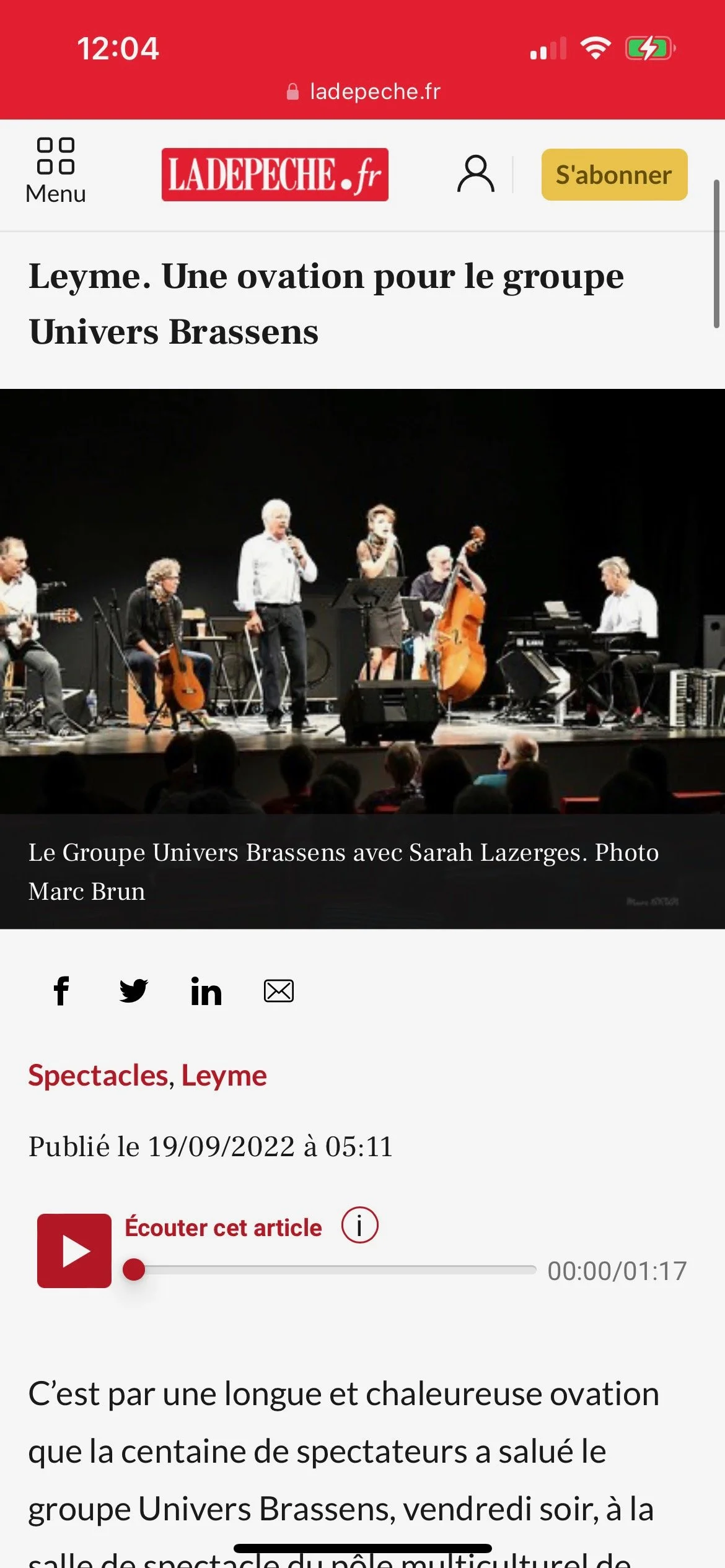 La Dépêche - Leyme. Une ovation pour le groupe Univers Brassens