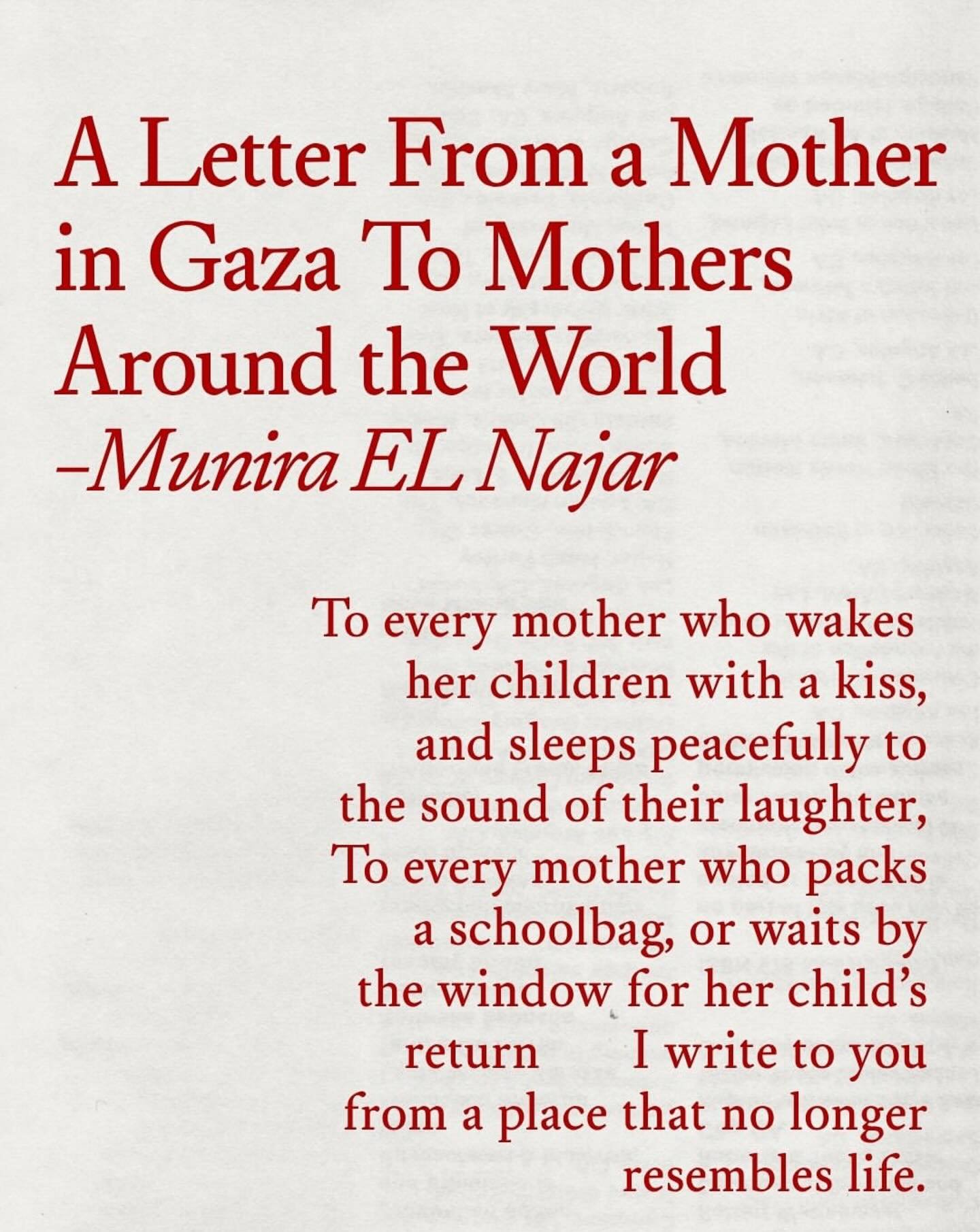 No intro needed

#Repost @msrachelforlittles with @use.repost
・・・
This is a call to all mothers. Please tag other moms in the comments. Please share @munira_elnajar poem to your stories. Please show the mothers in Gaza that they are not alone. The on