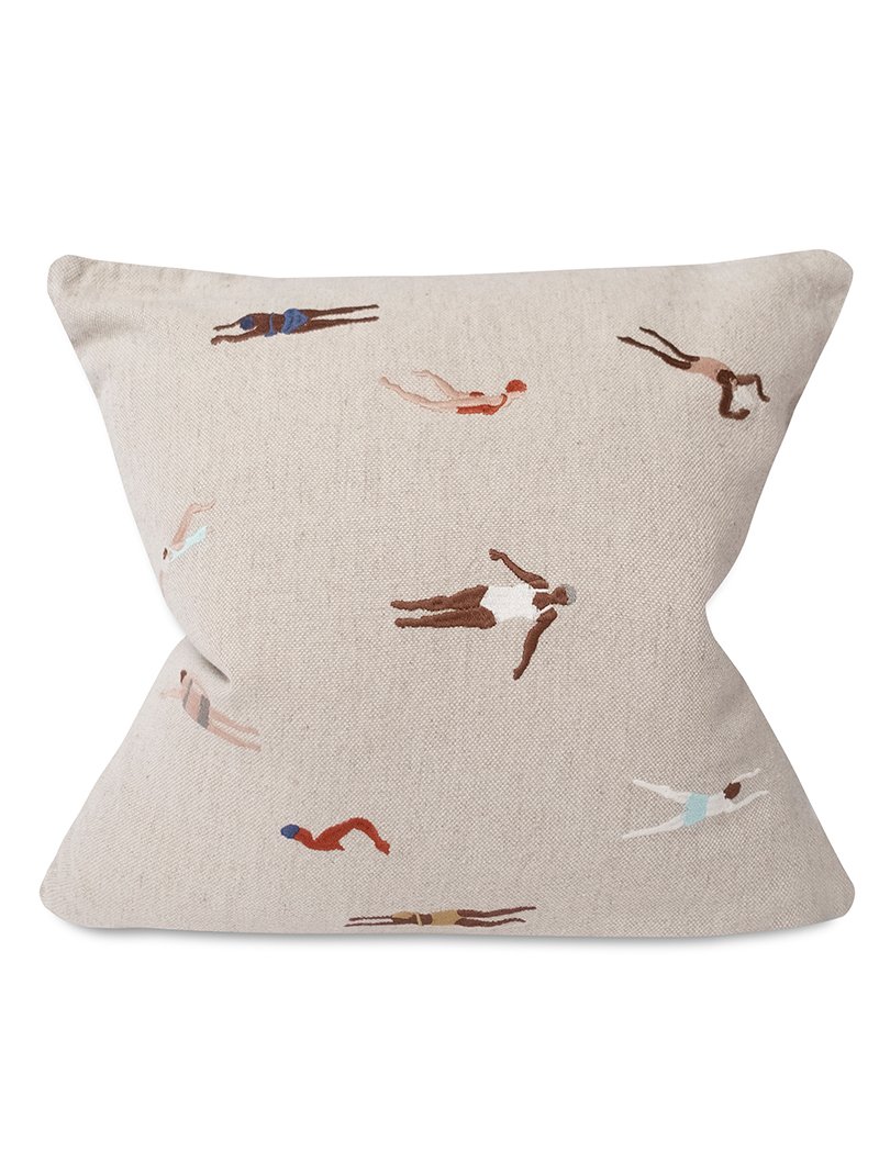 Swimmers Embroidered Linen Cushion Cover