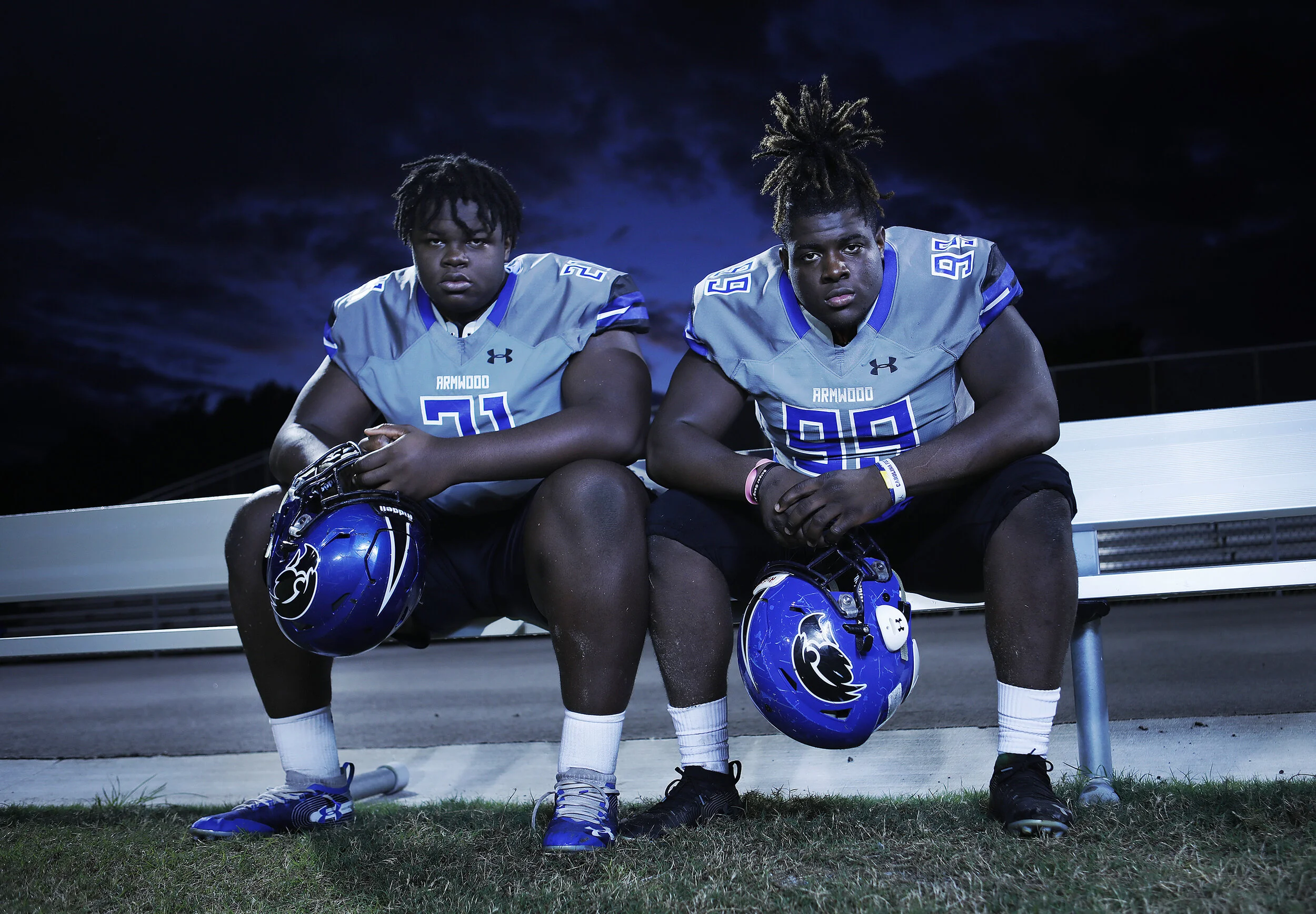  Armwood linemen Desmond Watson, left, and Clyde Pinder Jr., pose for a portrait at Armwood High School in Tampa, Florida.  
