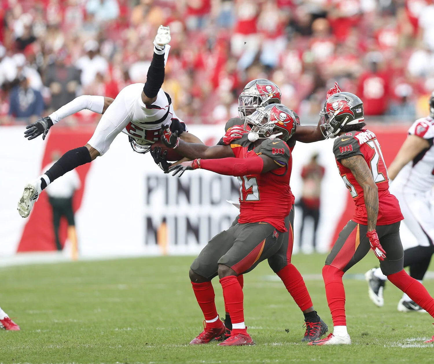  Atlanta Falcons wide receiver Russell Gage (83) is stopped short of the first down by Tampa Bay Buccaneers linebacker Devin White (45) during the second quarter at Raymond James Stadium in Tampa, Florida on Sunday, December 29, 2019. The Atlanta Fal