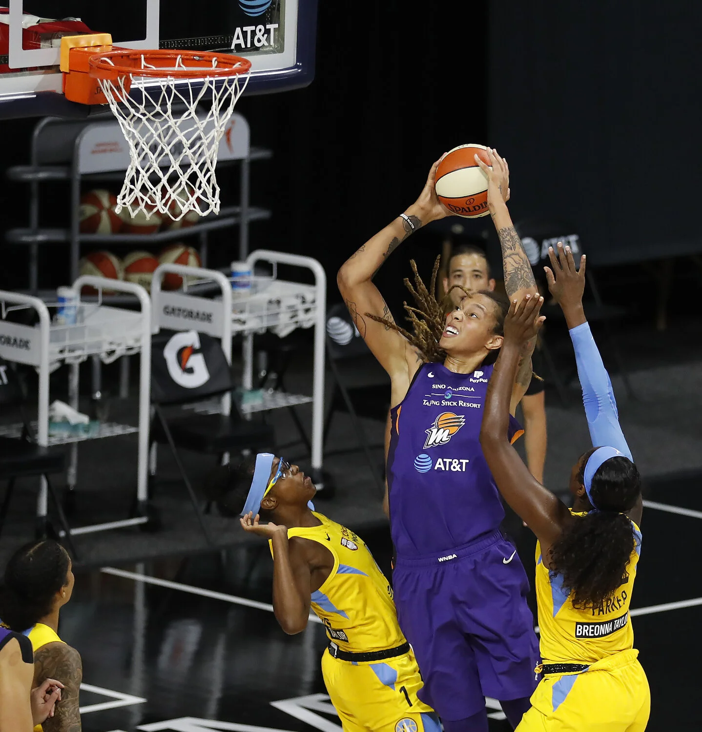  Phoenix Mercury center Brittney Griner (42) shoots over Chicago Sky guard Diamond DeShields (1) and forward Cheyenne Parker (32) during a WNBA game at Feld Entertainment in Palmetto, Florida, on Friday, August 6, 2020.  