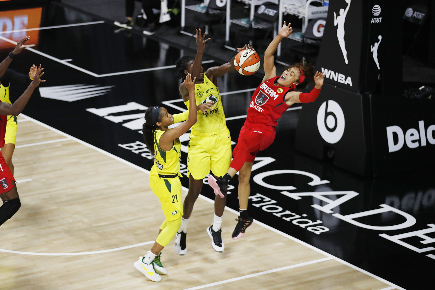  Atlanta Dream guard Chennedy Carter (3) shot is blocked by Seattle Storm center Ezi Magbegor (13) during a WNBA game at Feld Entertainment in Palmetto, Florida, on Friday, August 6, 2020.  