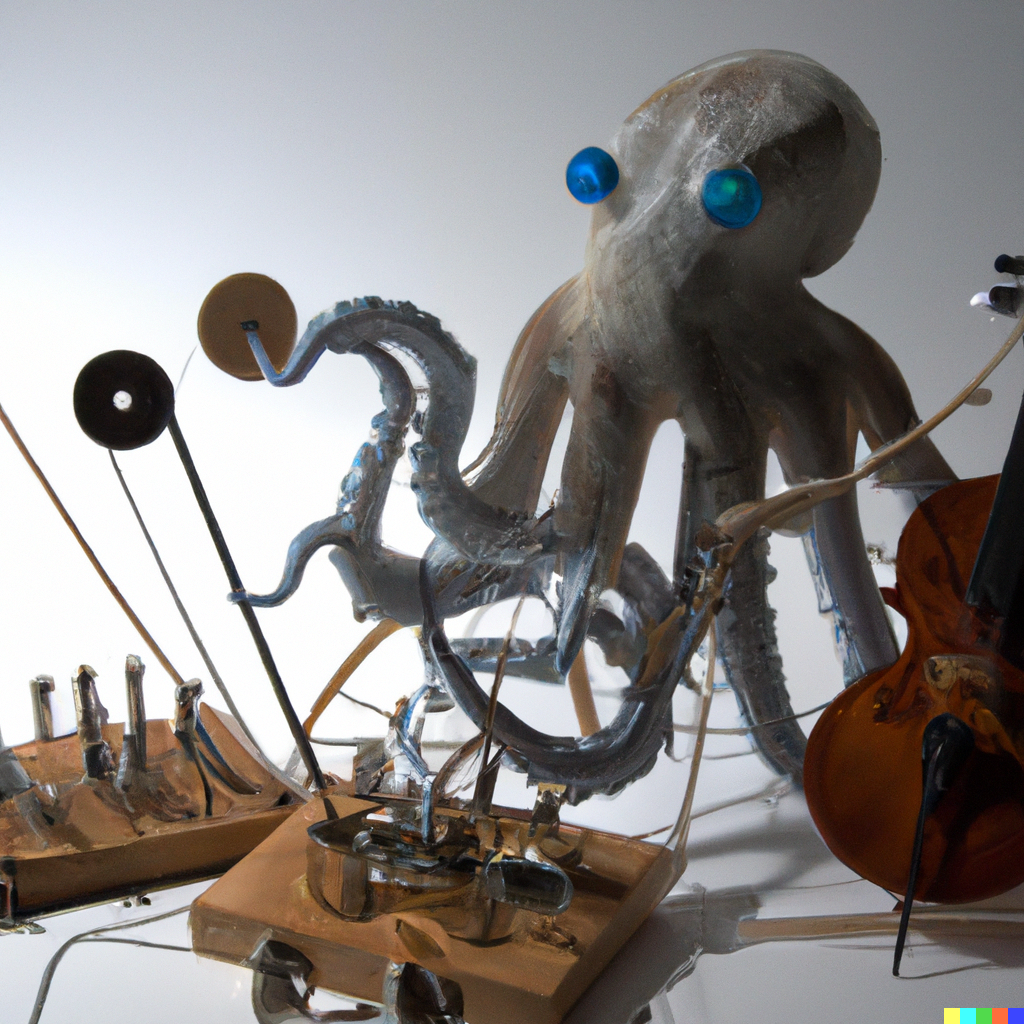 DALL·E 2022-07-31 00.40.39 - A drunk octopus trying to perform music on instruments designed and built by Harry Partch.png