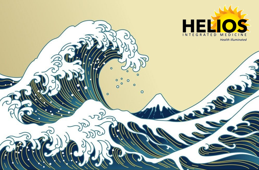 Illustration of a large wave with a mountain in the background, resembling The Great Wave off Kanagawa, with a logo for Helios Integrated Medicine in the top right corner.