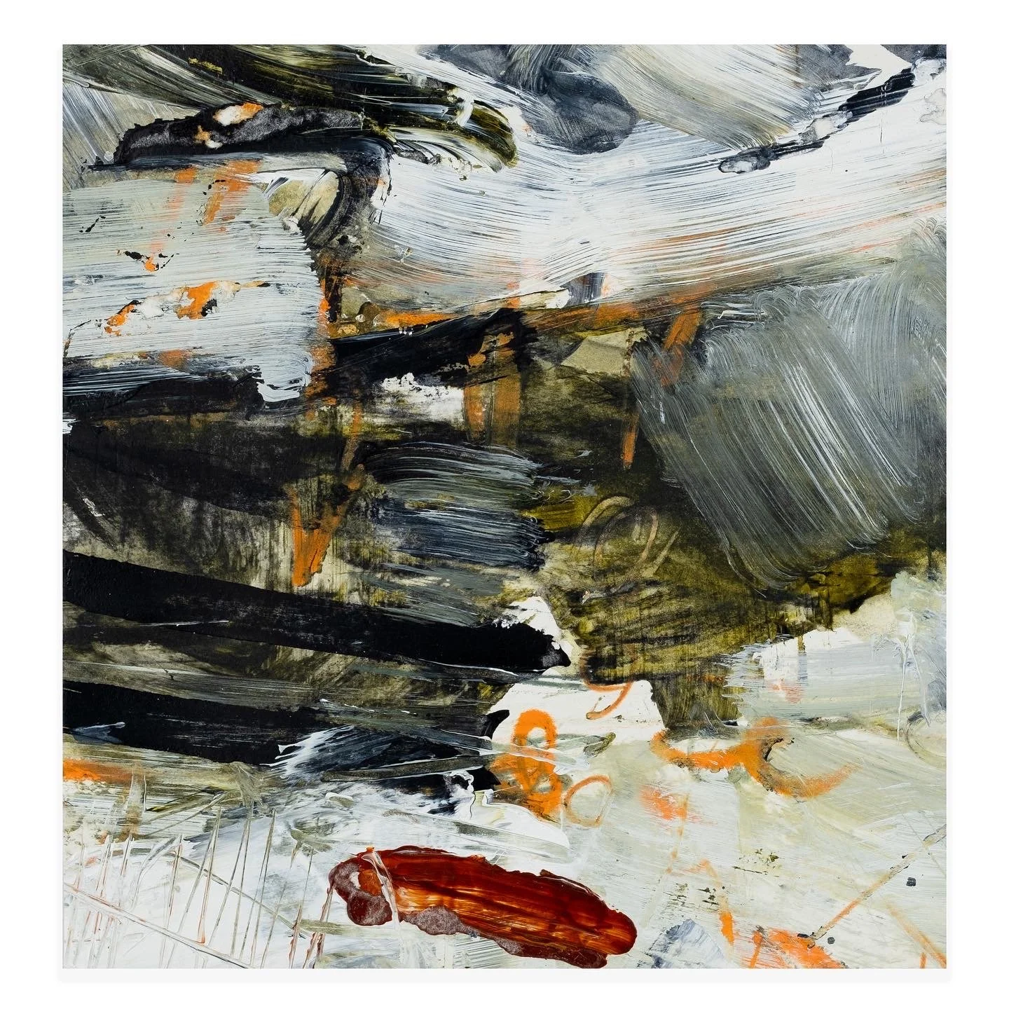 Bold expressive abstract painting by Lewis Noble with energetic black and orange brushstrokes