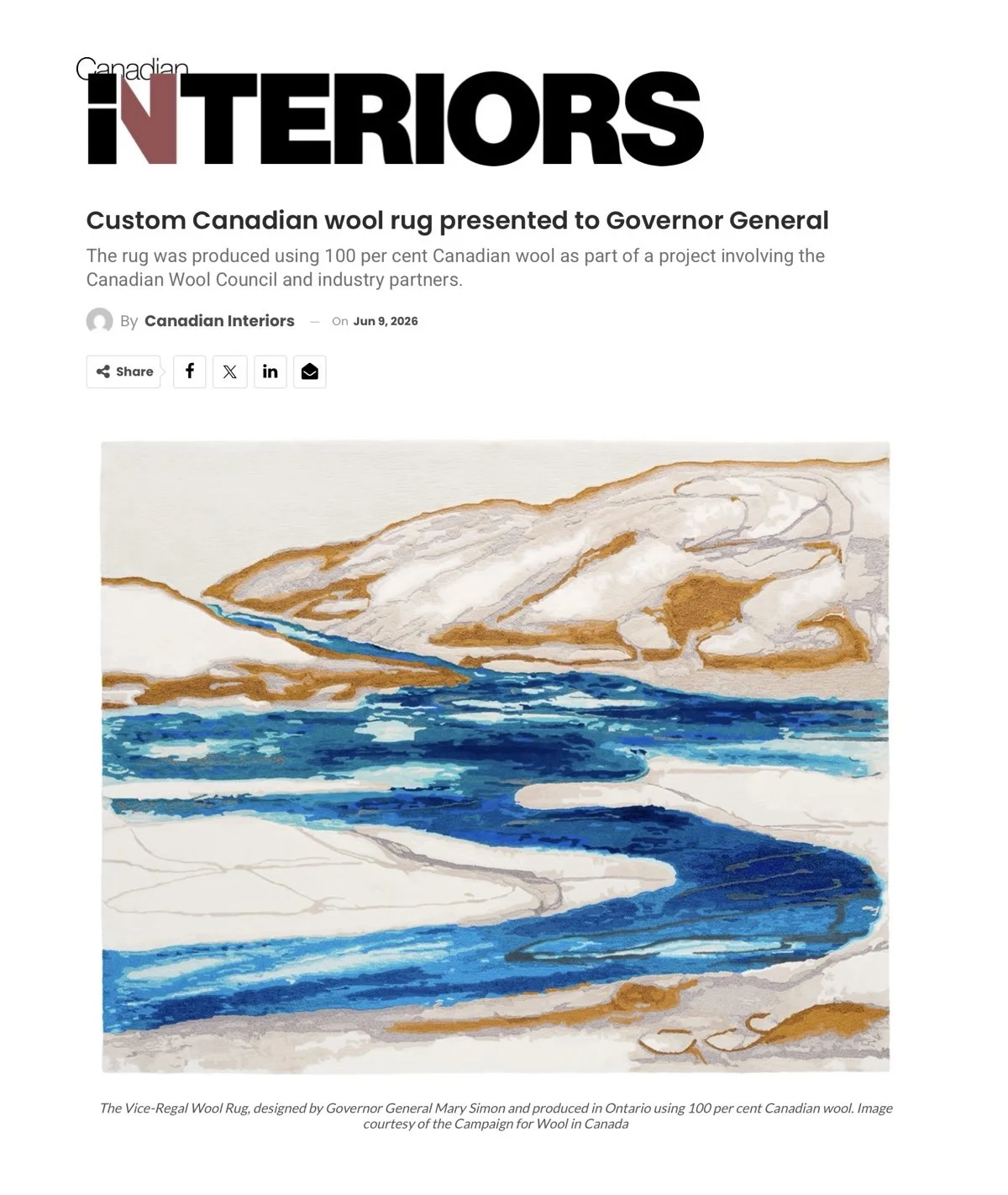 Wool tufted carpet depicting an arctic scene in blues and yellows.