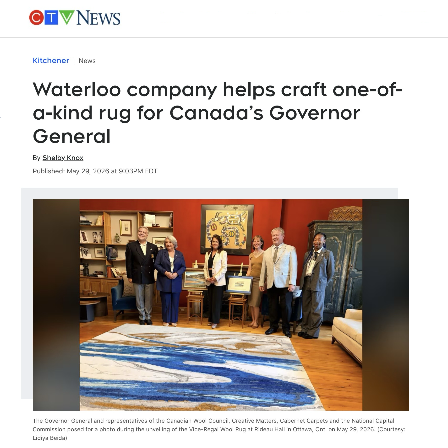 Her Excellency Mary Simon stands with team members and designers to unveil a Canadian wool rug.