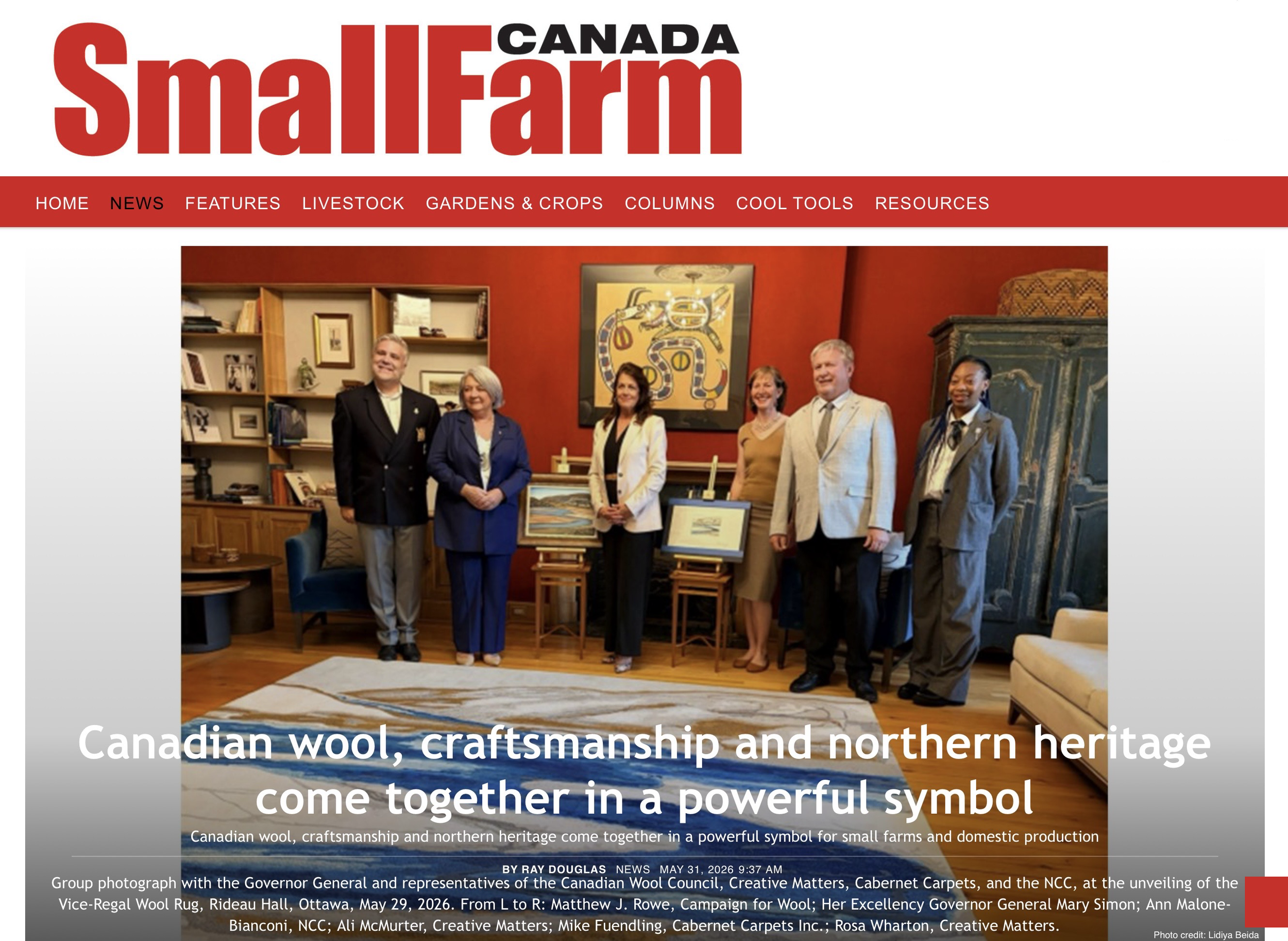 Her Excellency Mary Simon stands with team members and designers to unveil a Canadian wool rug.