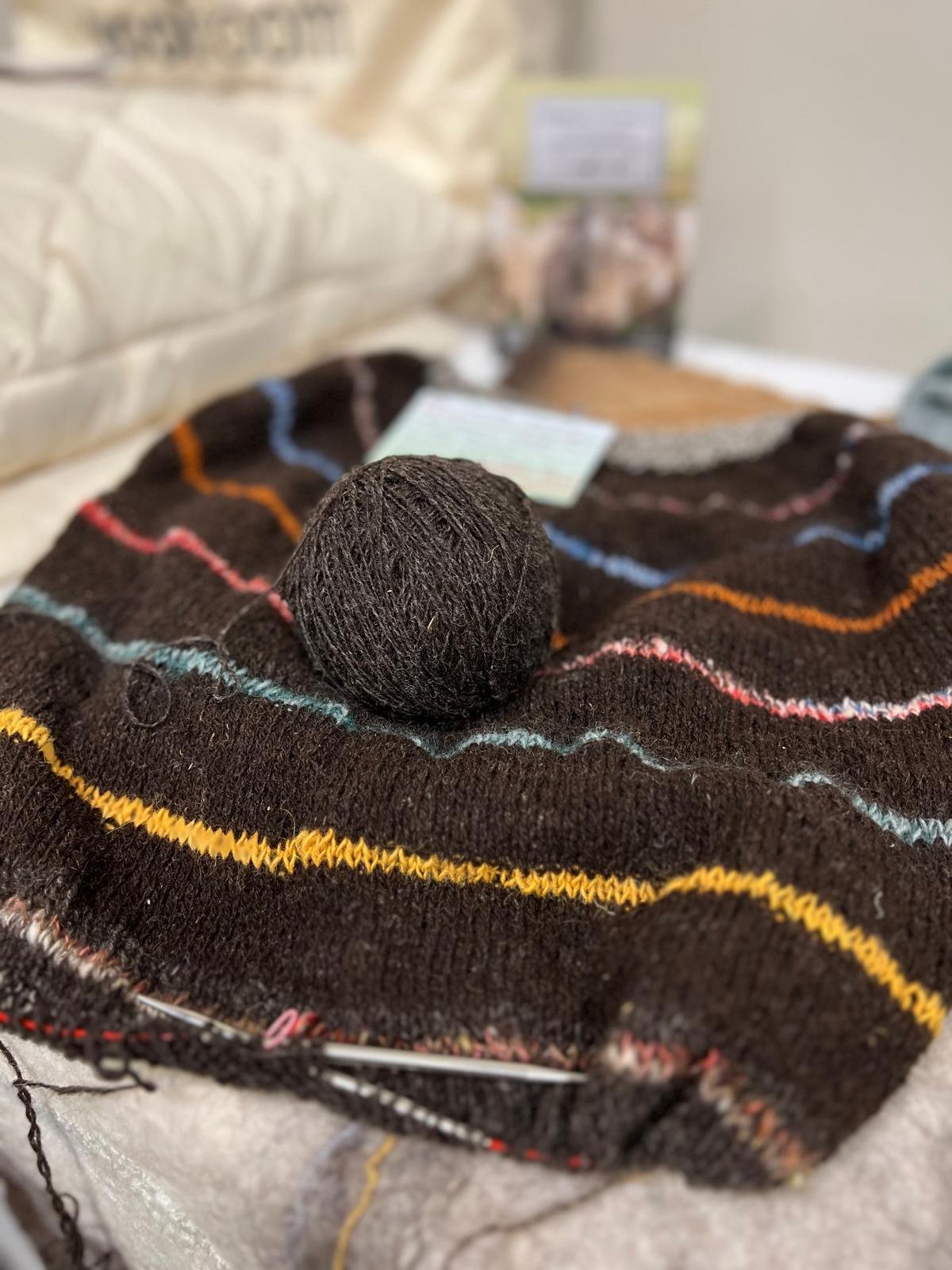Une pelote de laine noire posée sur un tissu rayé multicolore, avec divers accessoires de tricot en arrière-plan.