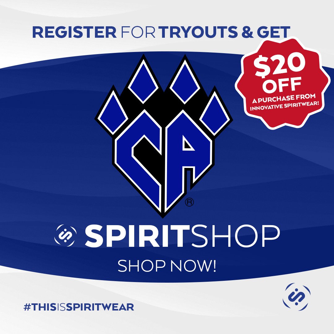 DON'T MISS OUT!!!

INNOVATIVE SPIRITWEAR IS OFFERING $20 OFF AN ONLINE CA SPIRITSHOP ORDER TO ALL ATHLETES WHO REGISTER FOR TRYOUTS AT ANY CA LOCATION THROUGH NOW THROUGH APRIL 30!

Once you register, you will receive a discount code in your confirma