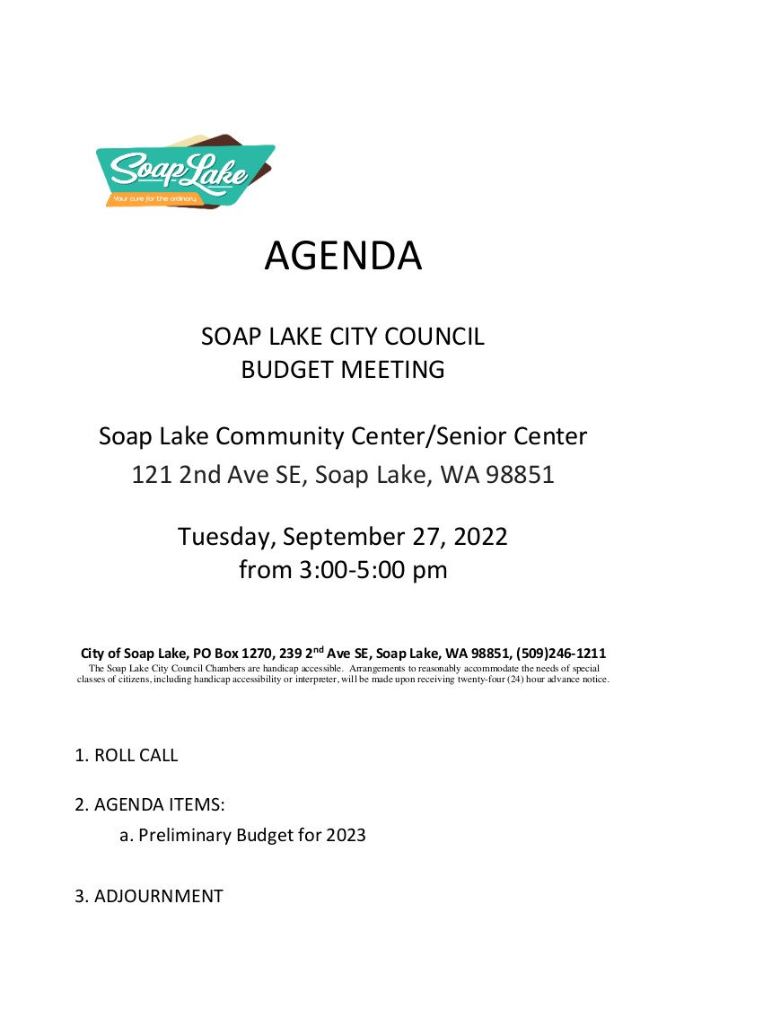 City Council Budget Meeting September 27th 2022 City Of Soap Lake City Council Budget Meeting September 27th 2022 City Of Soap Lake