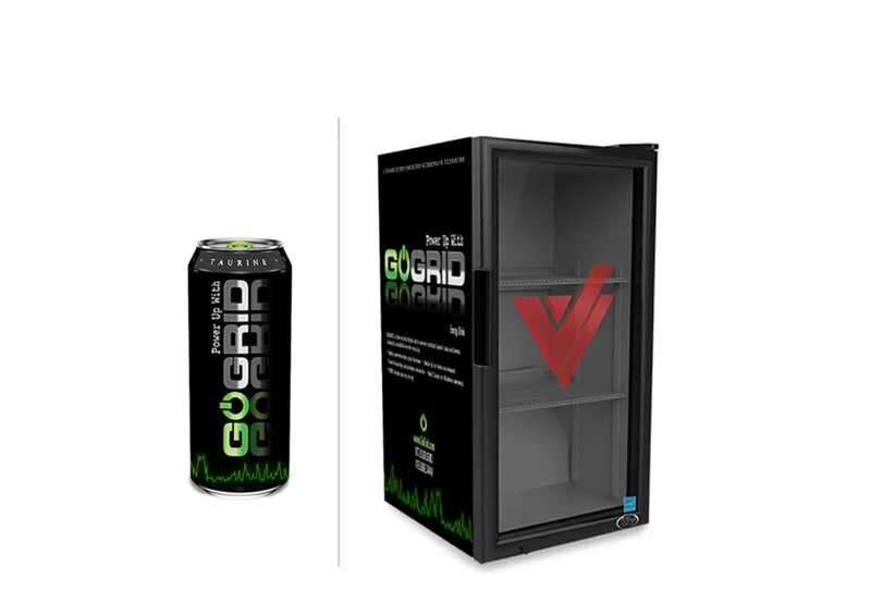  Energy drink label and tabletop fridge 