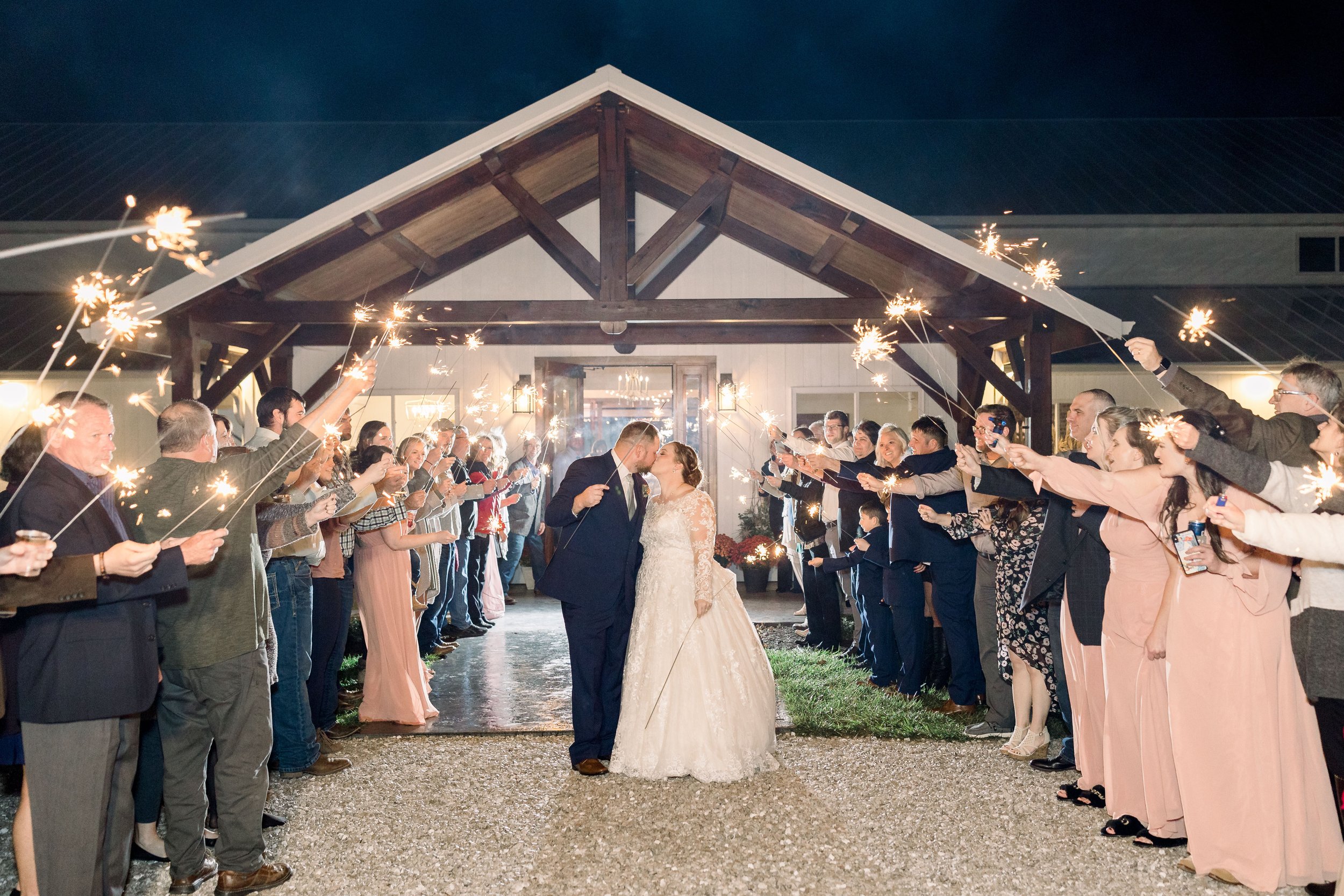 Fall Wedding Missouri Emerson Fields Venue sparkler exit bride groom night.jpg