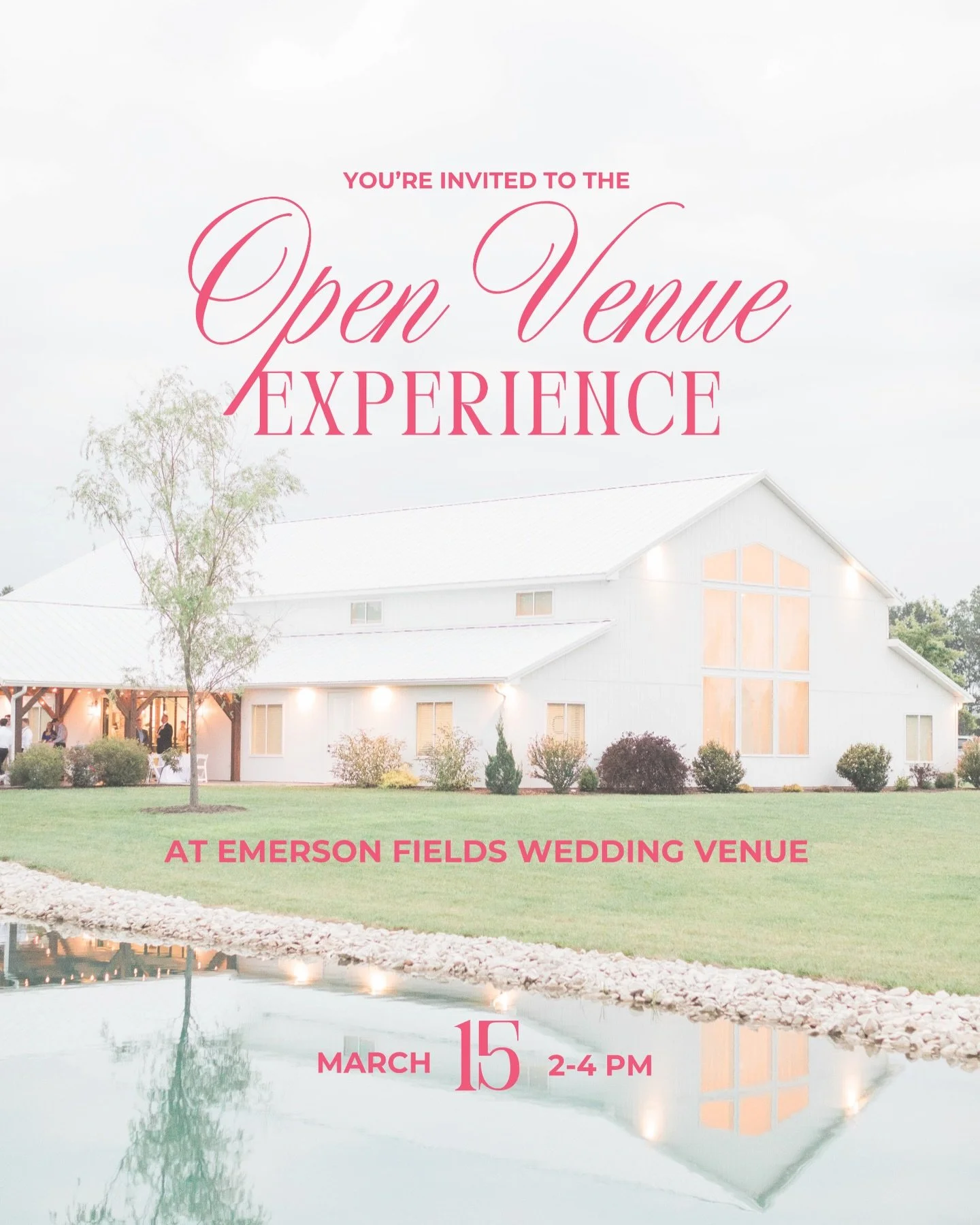 Mark your calendars for March 15th ✨
⠀⠀⠀⠀⠀⠀⠀⠀⠀
The Open Venue Experience at Emerson Fields is an open house unlike anything else in the area. From 2&ndash;4PM, the entire estate is open for you to explore, experience, and envision your wedding day he