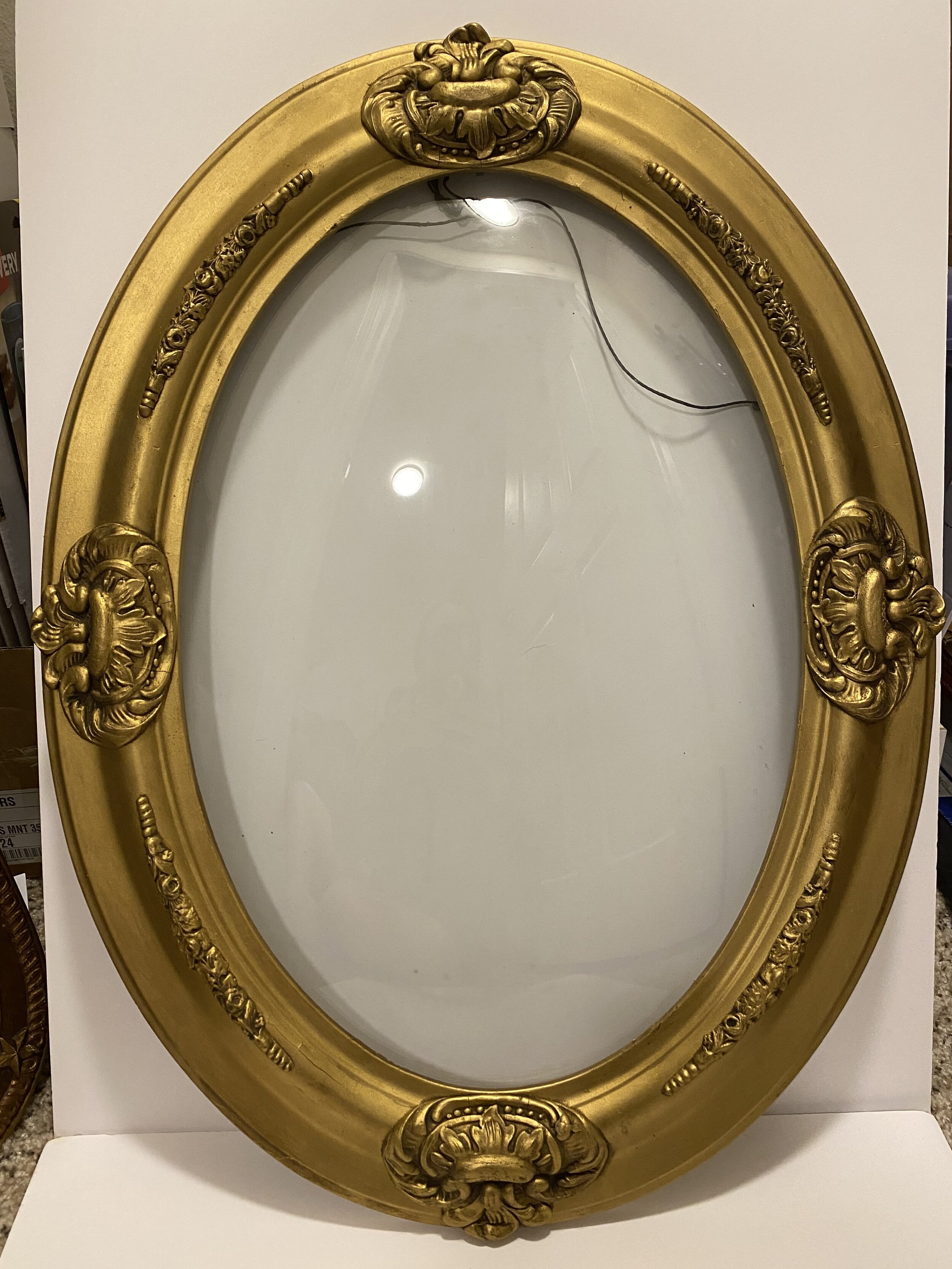 Antique Vintage Gold Metal Oval FRAME w/Convex Bubble Glass 