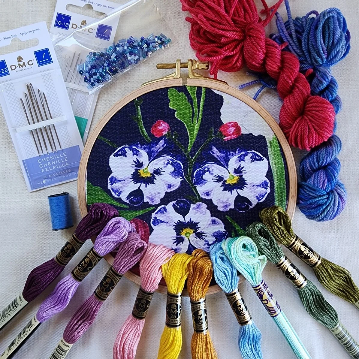 Watercolour Garden Pansies One of a Kind Vintage Textile Kit from Fleur Woods Embroidery Art