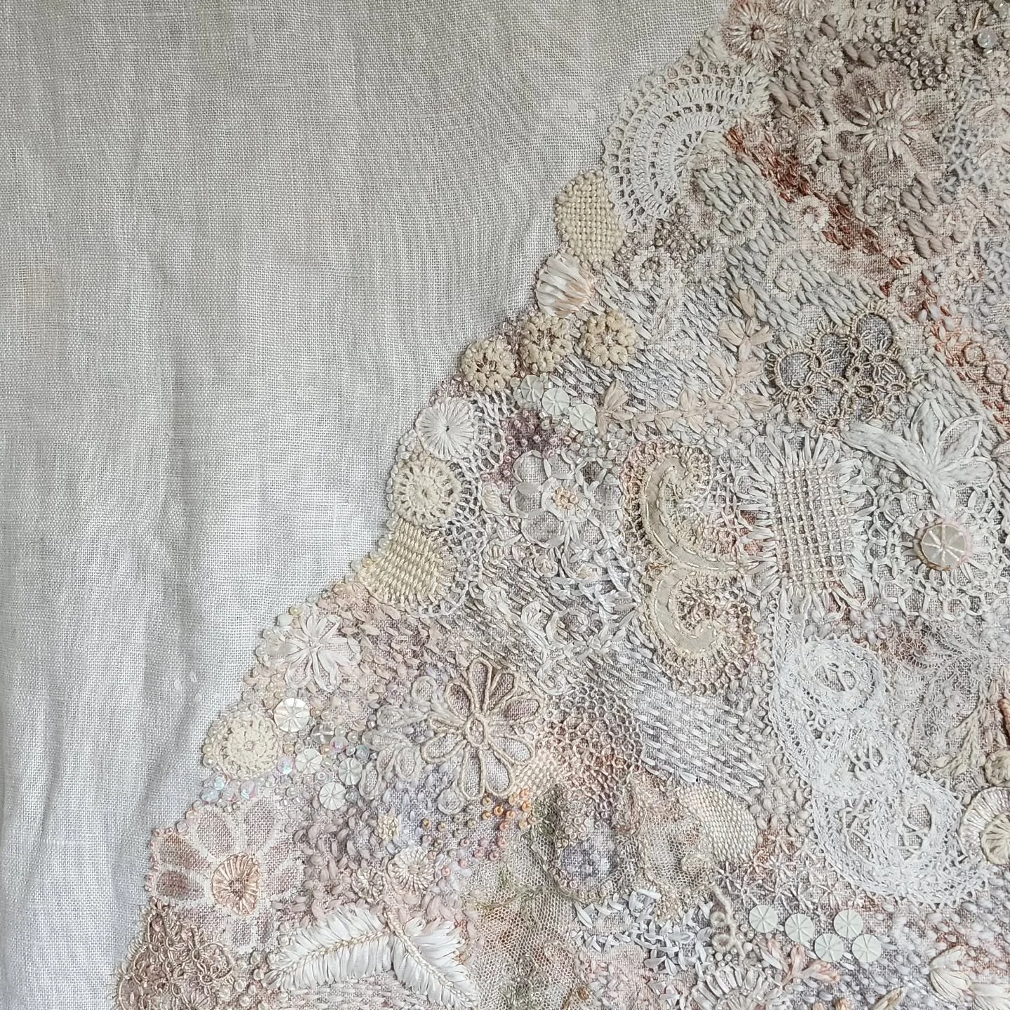 'Peace Fan' 
Some close ups for those who like to be able to really zoom in. This beautiful lace fan image was sourced from Museum archives and printed digitally onto linen. I then stitched &amp; painted back into the image celebrating some aspects o