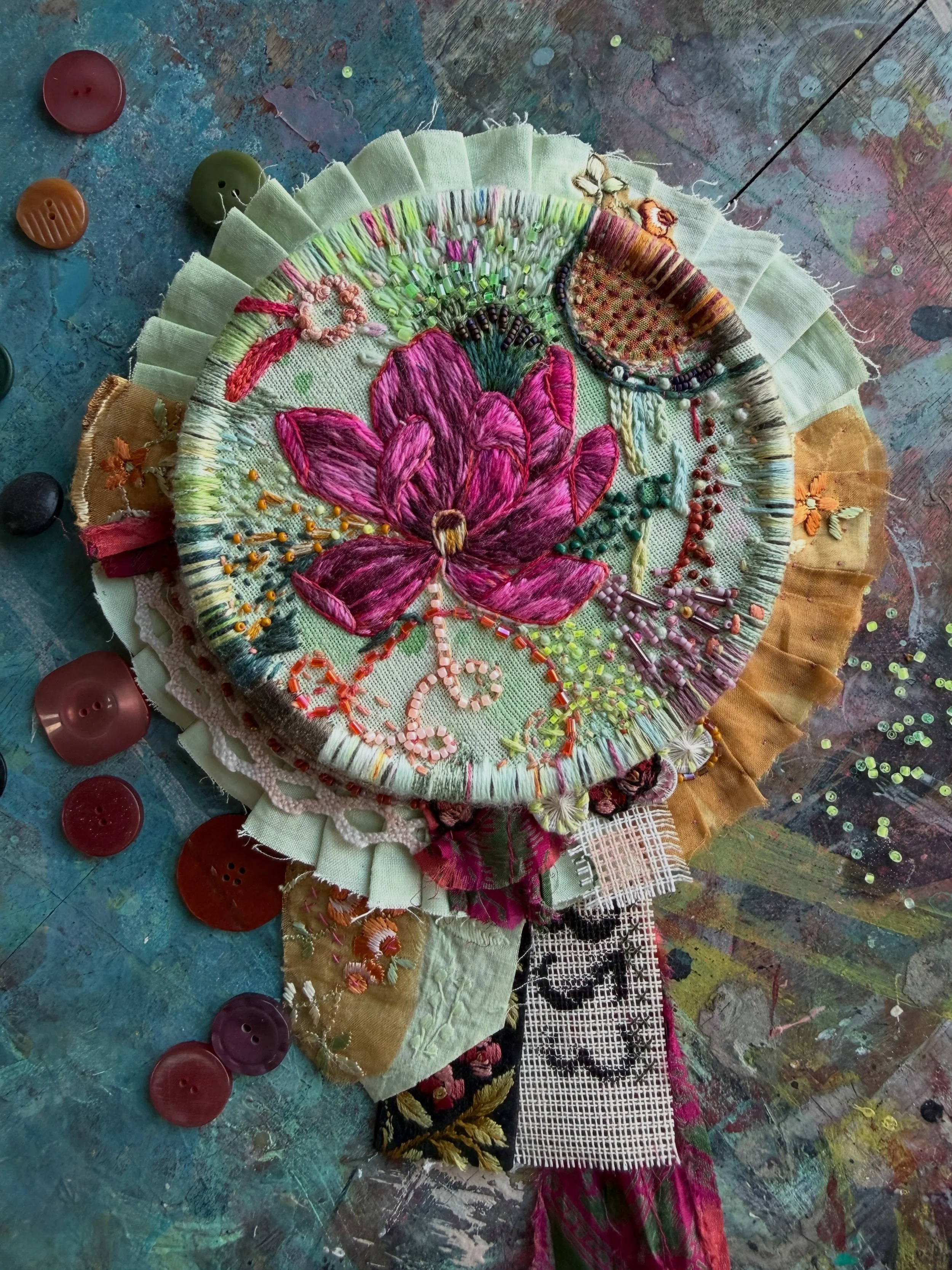 Creating art in the studio today to soothe my soul, stitching my wishes together with collected treasures.