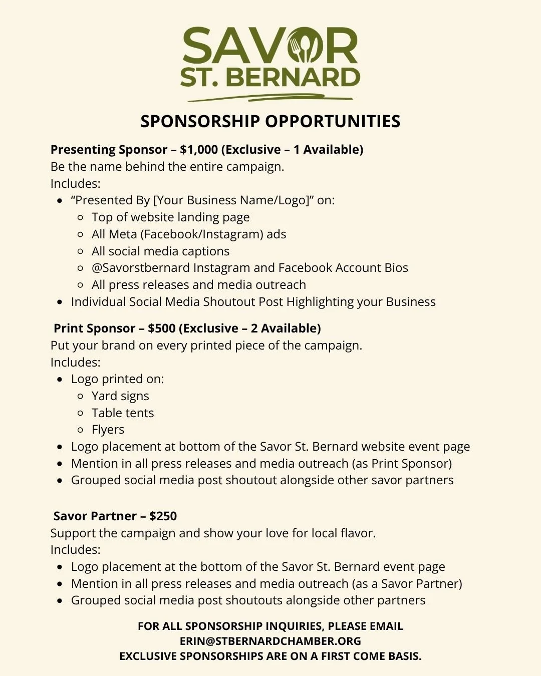 Savor St. Bernard Sponsorships