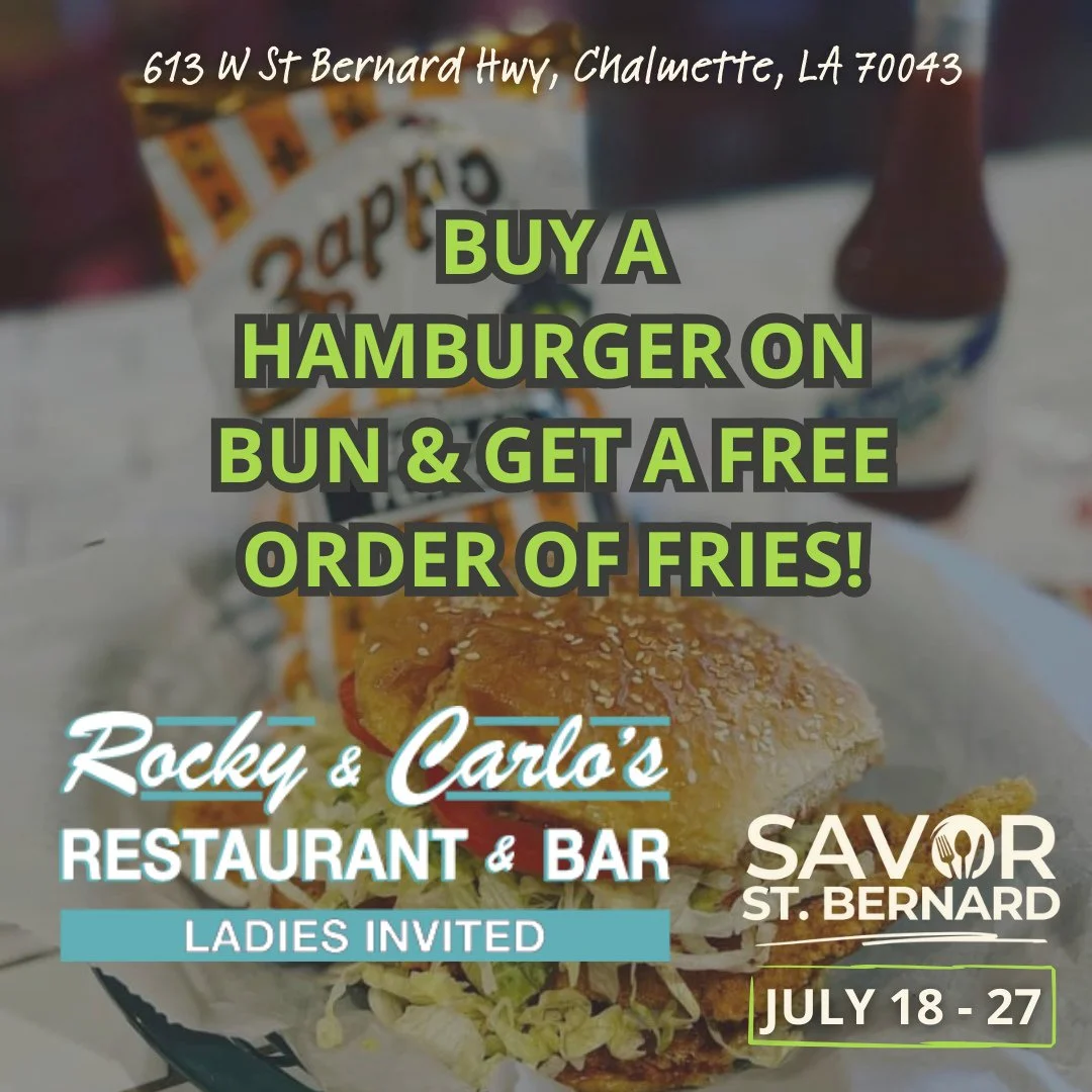📣 It all kicks off TOMORROW: Friday, July 18th!⁠
Check out these delicious specials &mdash; available only during Savor St. Bernard, happening July 18&ndash;27 🍔🍰⁠
⁠
Swipe for the goods ➡️⁠
📍 Plan your flavor trail at savorstbernard.com