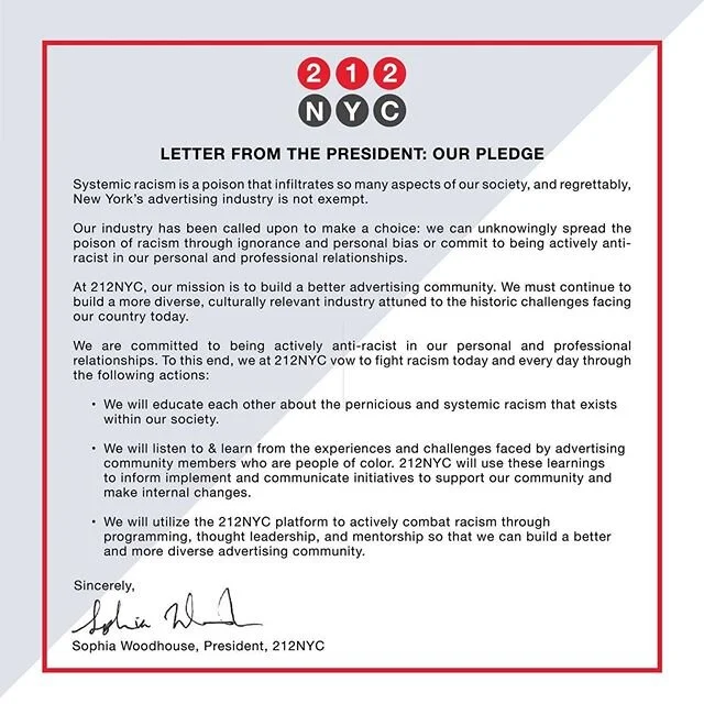 Change starts within. 
At 212NYC, our mission is to build a better advertising community. We must continue to build a more diverse, culturally relevant industry attuned to the historic challenges facing our country today. 
We plan to listen, learn, and implement initiatives to support our community and make internal changes. Link in bio for Our Pledge & Letter from 212NYC's President, Sophia Woodhouse.

Register at 212NYC.org for our panel event - A Conversation on Race Relations in the Advertising Industry - Thursday, June 18th at 2pm.

#blacklivesmatter #bethechange #changefromwithin #212nycdigitaladclub