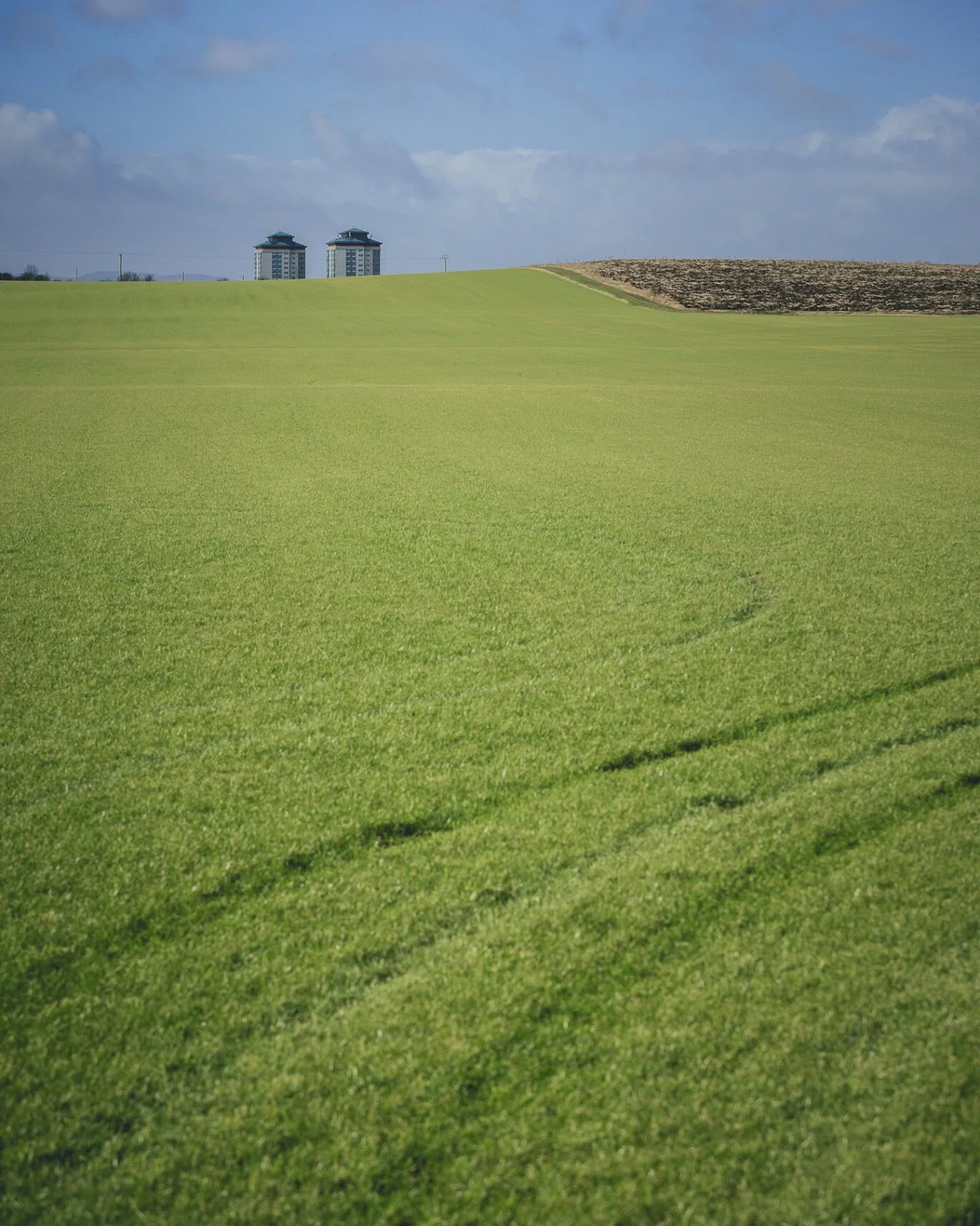 A quiet divide.  #Paisley #Scotland #Minimalism #UrbanMeetsRural #ScottishLandscape #FieldsOfGreen #CityOnTheHorizon #ContemporaryLandscape #QuietPlaces #VisualPoetry