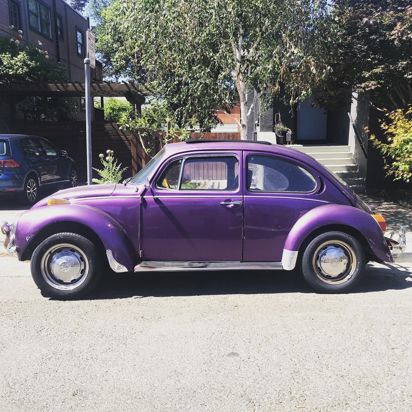 This cutie was parked right in front of my house. My house is lavender so I was really hoping this was a magical secret present for me. Then it drove away. 😭😢 #purple #vintagecar #bug #socute